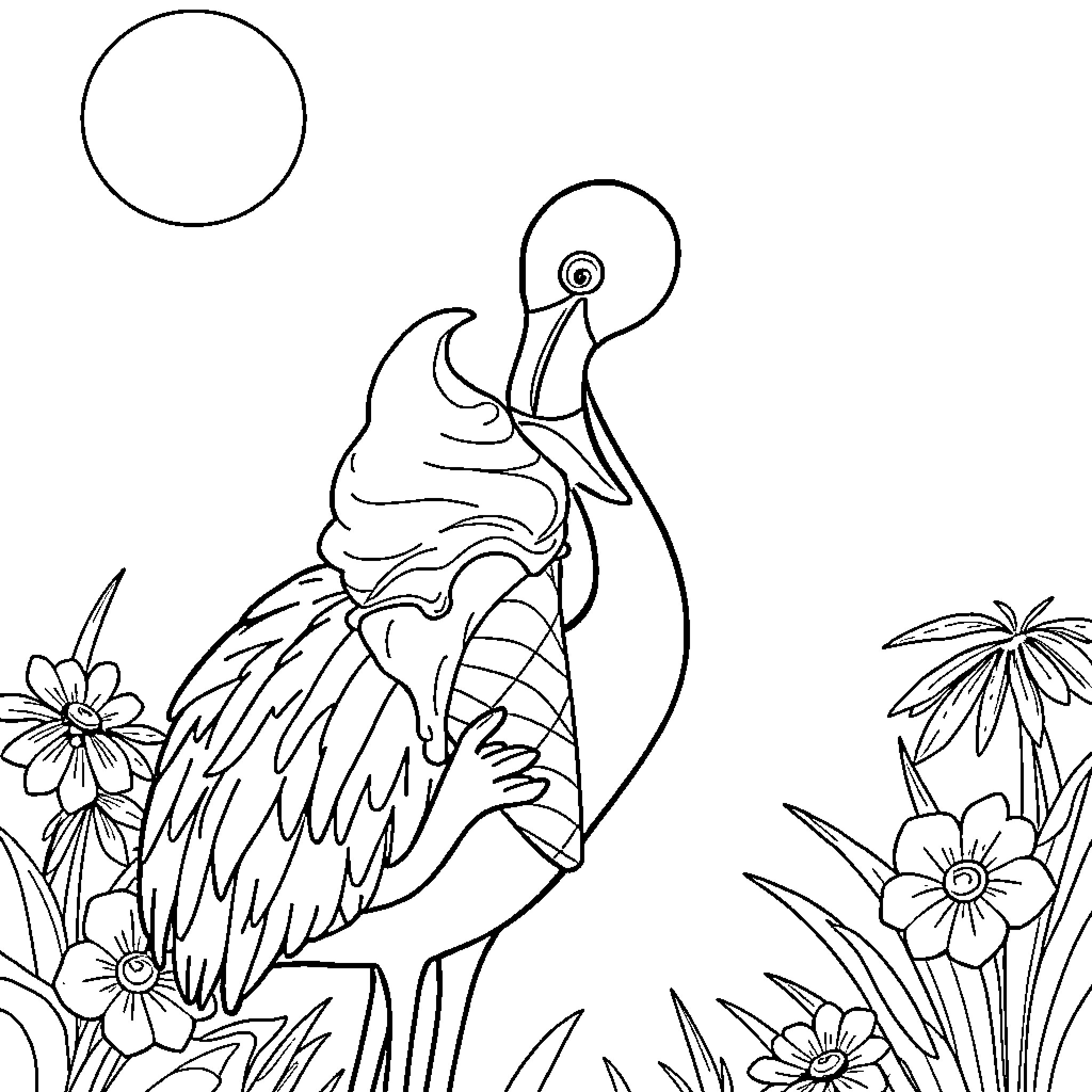 Flamingo standing amidst nature Coloring Page (free black-and-white line drawing printable PDF for all, from beginners to advanced learners, including children, teens, adults, and seniors)
