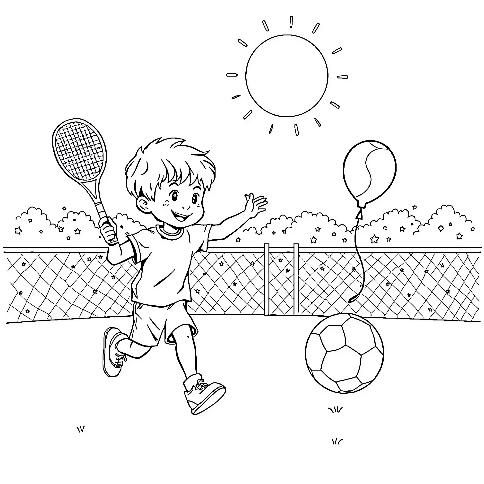 Boy playing joyfully with sports equipment in the park Coloring Page (free black-and-white line drawing printable PDF for all, from beginners to advanced learners, including children, teens, adults, and seniors)