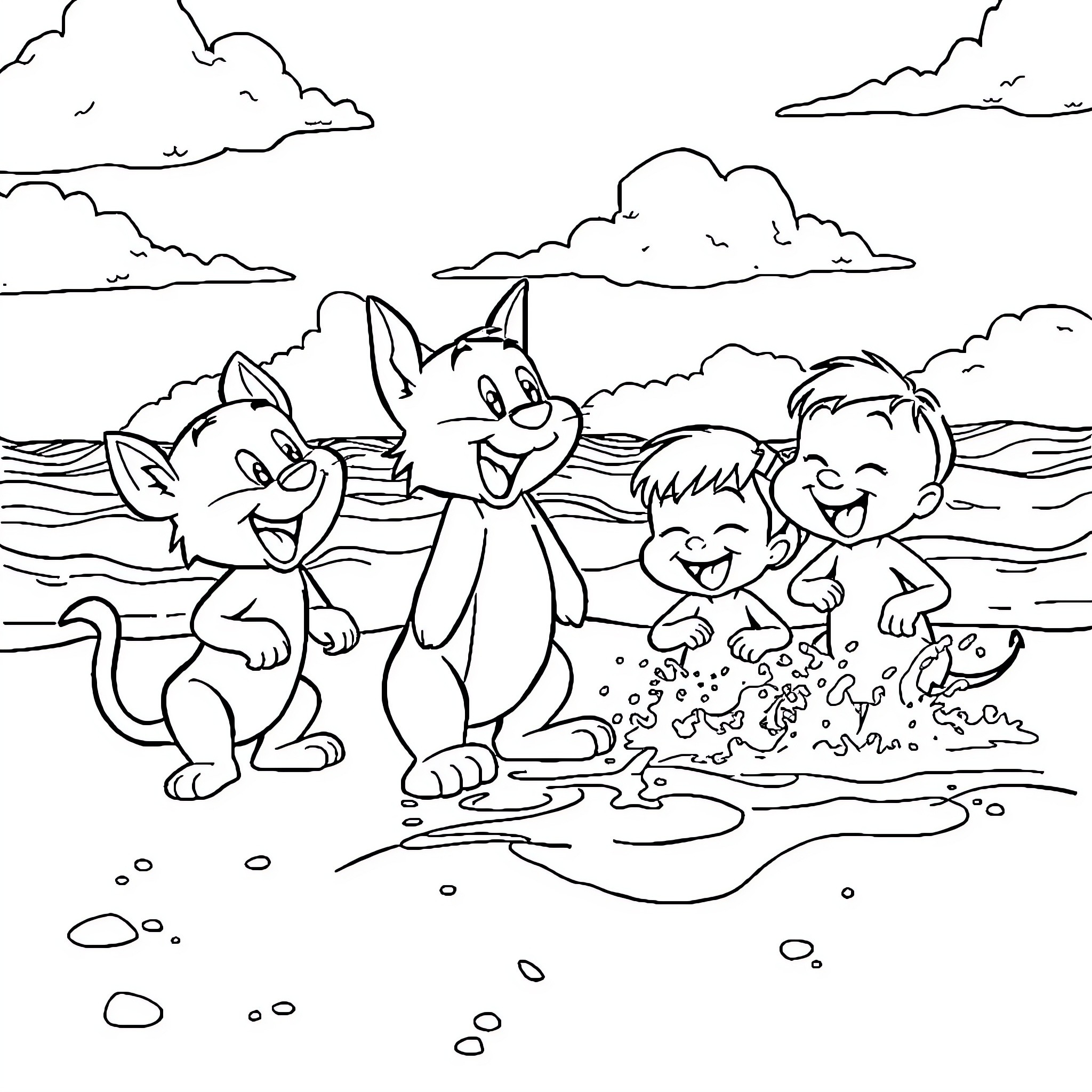 Tom and friends playing happily in the water Coloring Page (free black-and-white line drawing printable PDF for all, from beginners to advanced learners, including children, teens, adults, and seniors)