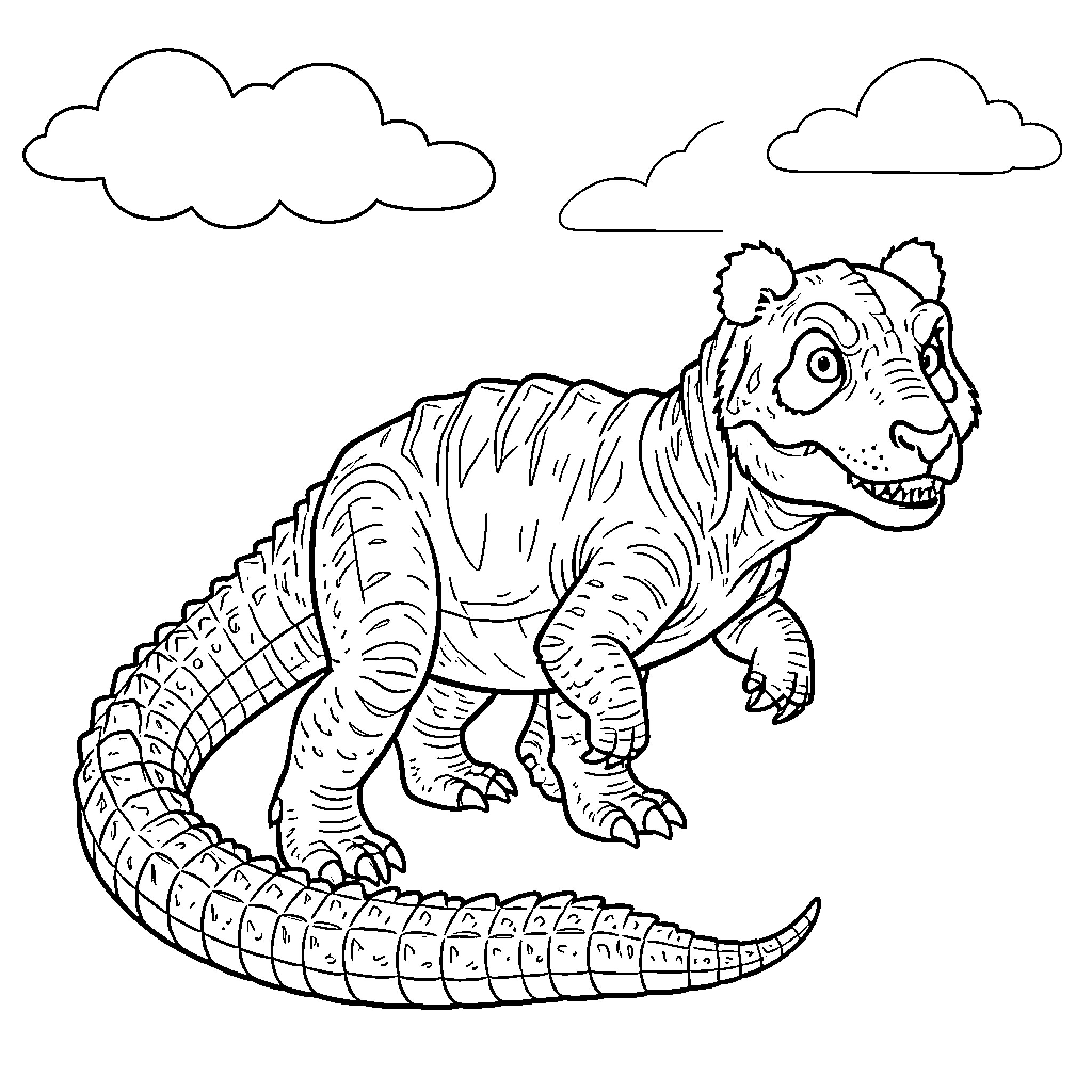 Tyrex standing alertly under a cloudy sky Coloring Page (free black-and-white line drawing printable PDF for all, from beginners to advanced learners, including children, teens, adults, and seniors)