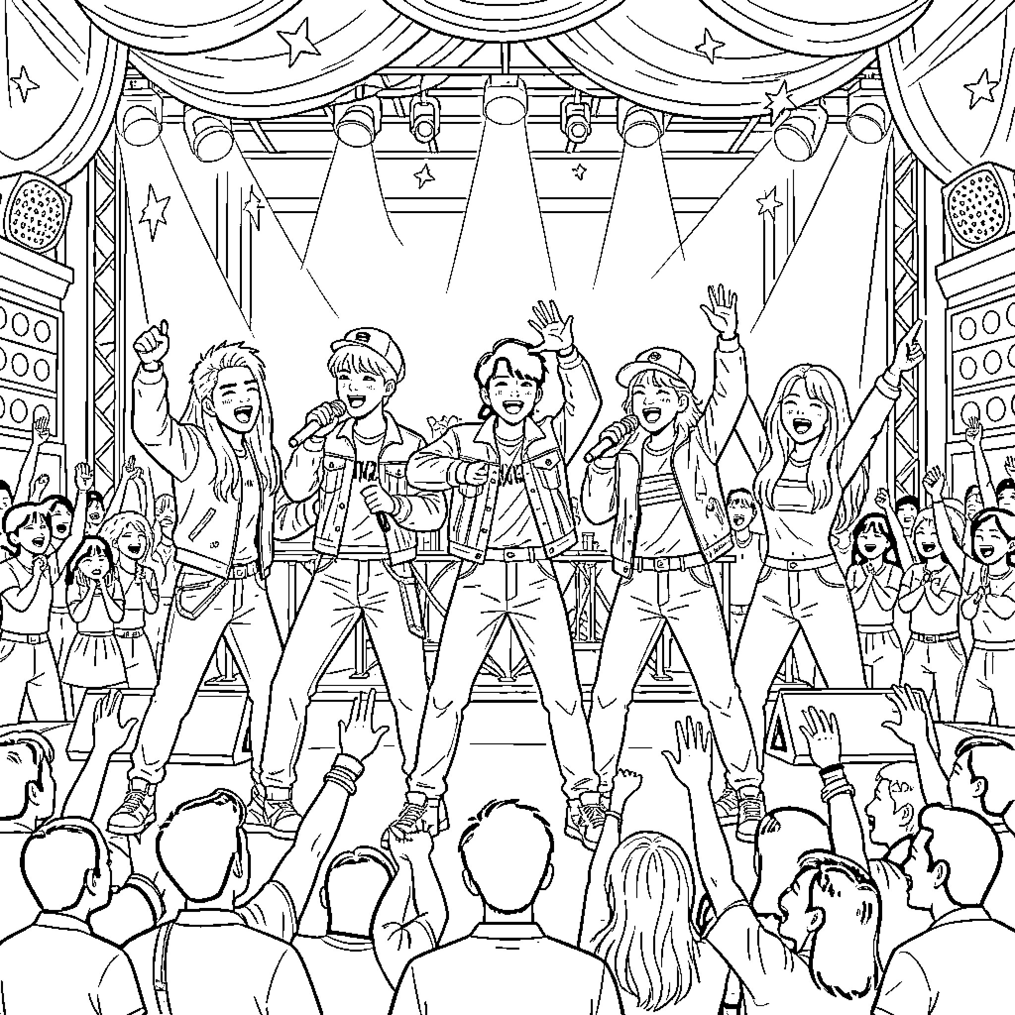 Kpop idols performing energetically on a concert stage Coloring Page (free black-and-white line drawing printable PDF for all, from beginners to advanced learners, including children, teens, adults, and seniors)