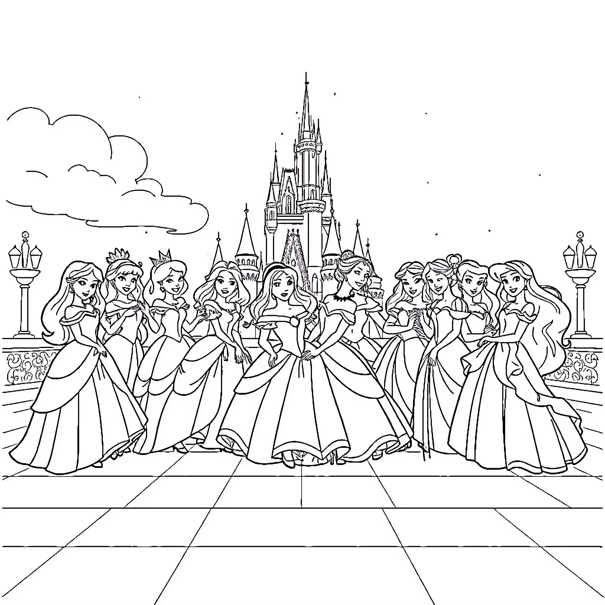 Disney Princesses gather for a royal celebration Coloring Page (free black-and-white line drawing printable PDF for all, from beginners to advanced learners, including children, teens, adults, and seniors)