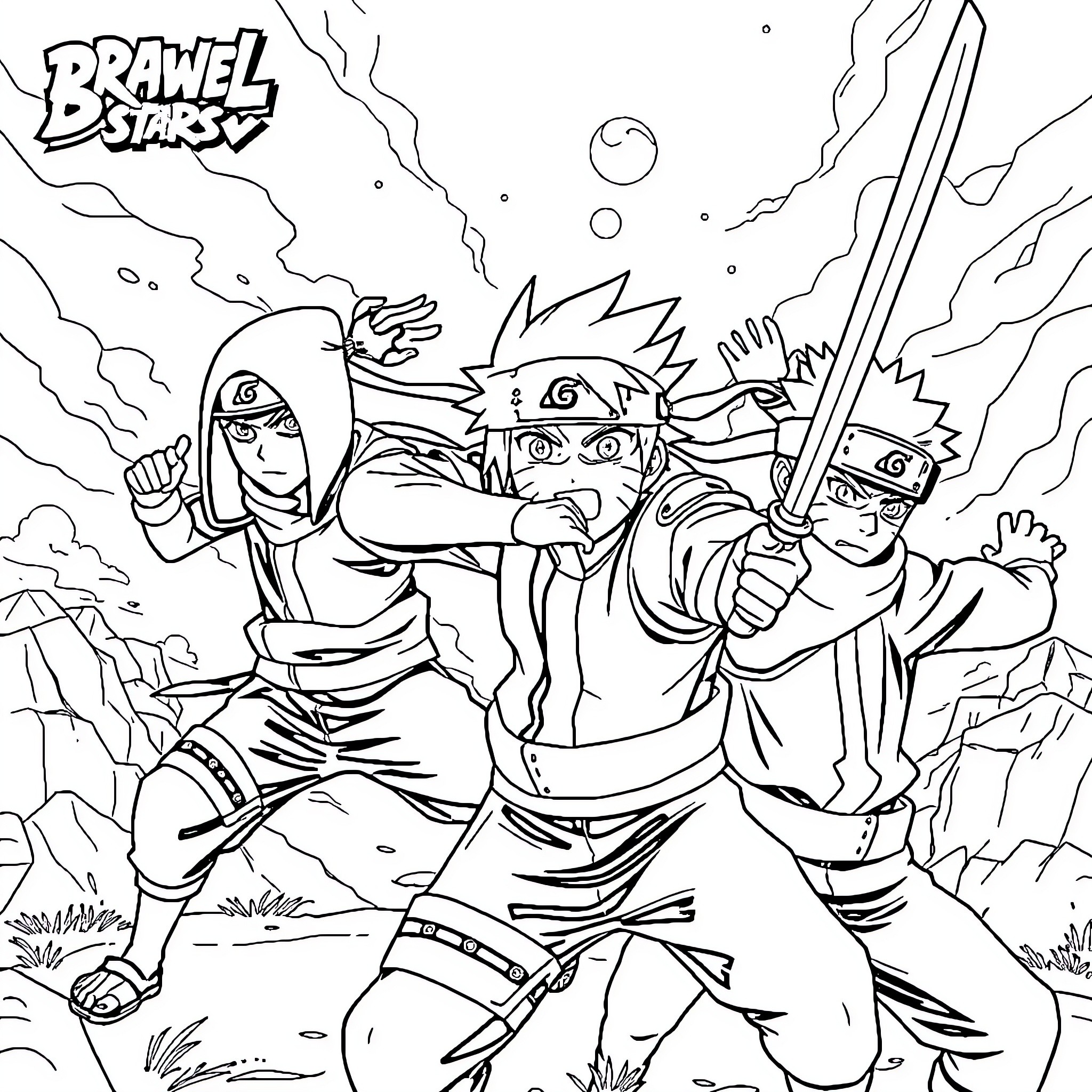 Ninja warriors in intense battle scene Coloring Page (free black-and-white line drawing printable PDF for all, from beginners to advanced learners, including children, teens, adults, and seniors)