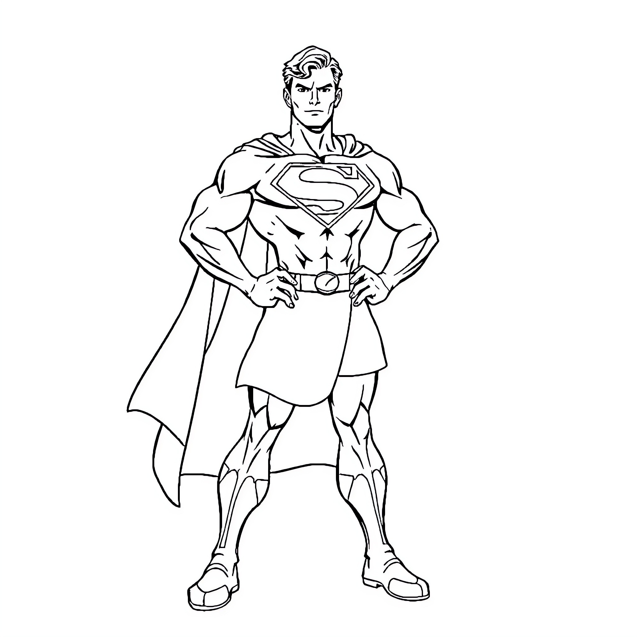 Superman standing tall in heroic pose Coloring Page (free black-and-white line drawing printable PDF for all, from beginners to advanced learners, including children, teens, adults, and seniors)