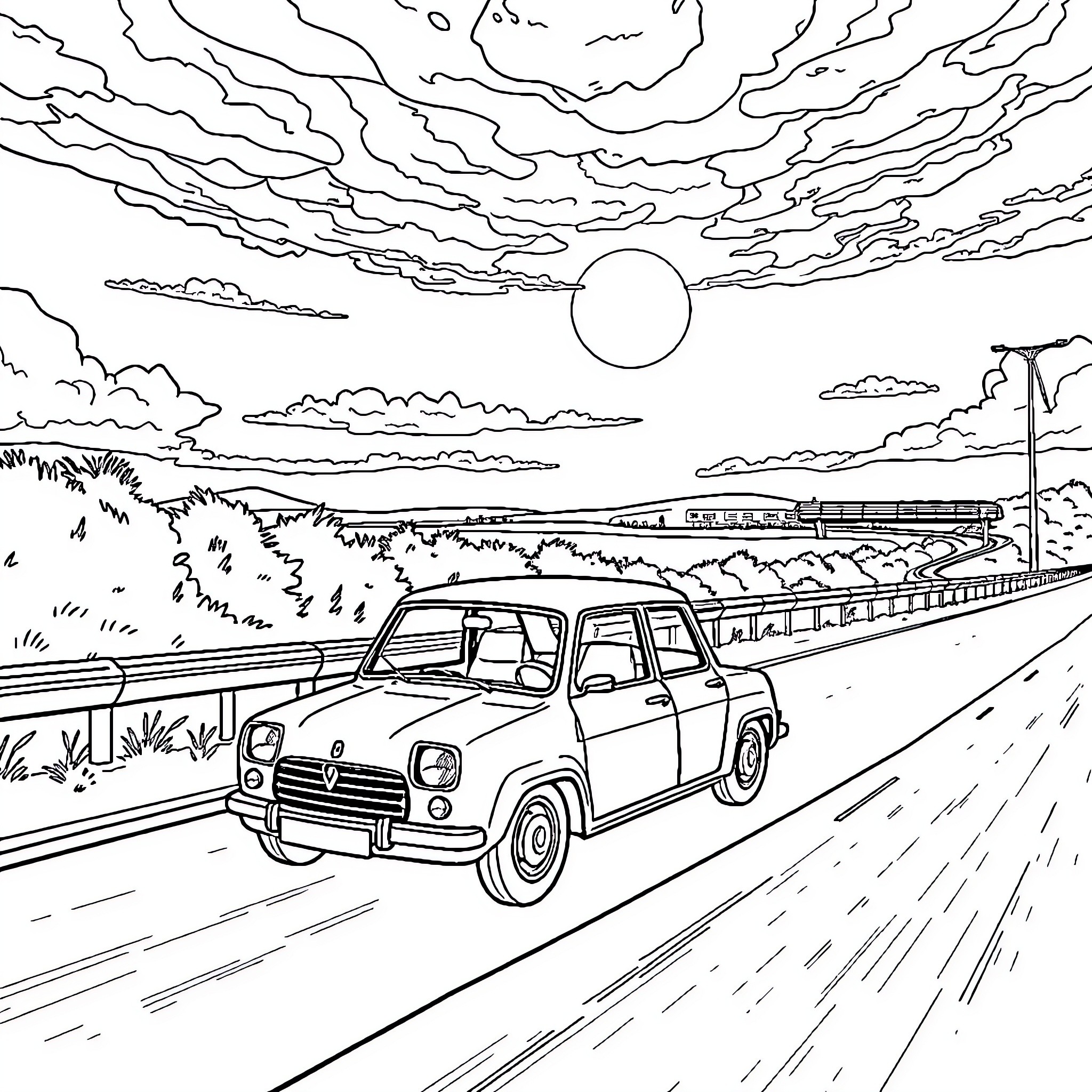 Renault car driving on a scenic highway Coloring Page (free black-and-white line drawing printable PDF for all, from beginners to advanced learners, including children, teens, adults, and seniors)
