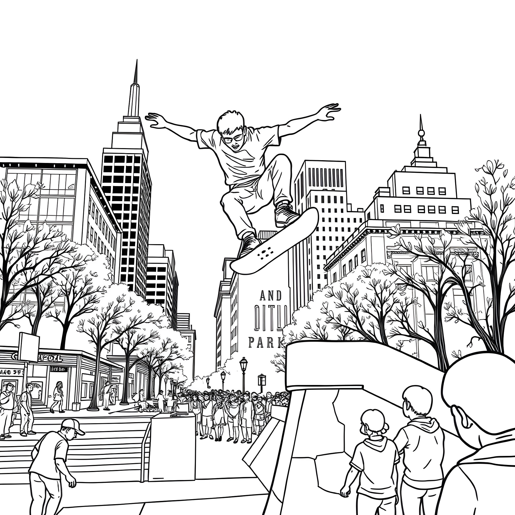 Hank Hill skateboarding through the busy city Coloring Page (free black-and-white line drawing printable PDF for all, from beginners to advanced learners, including children, teens, adults, and seniors)