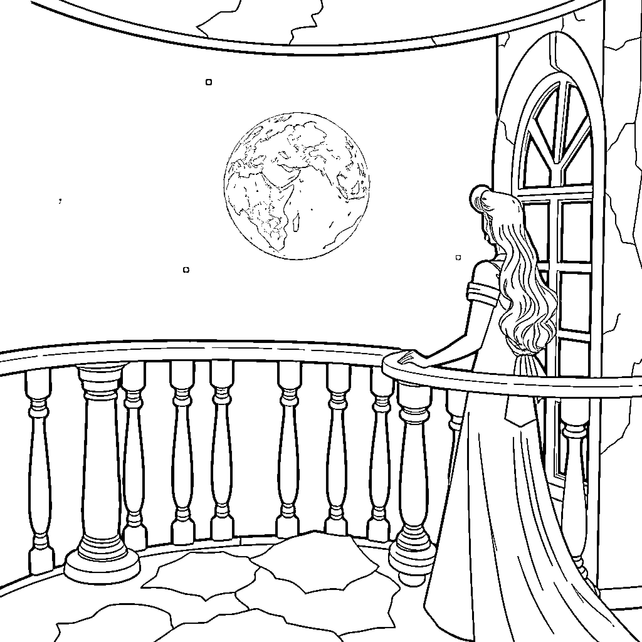 Princess gazing at the world from her balcony Coloring Page (free black-and-white line drawing printable PDF for all, from beginners to advanced learners, including children, teens, adults, and seniors)