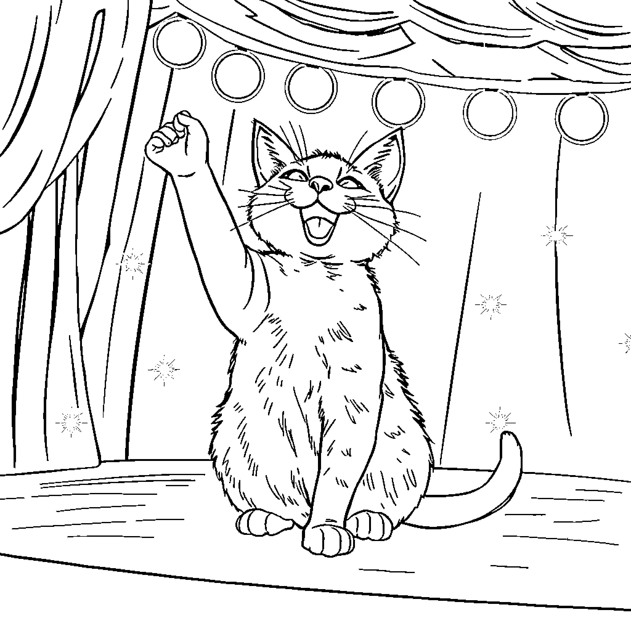 Gato celebrating happily under the stars Coloring Page (free black-and-white line drawing printable PDF for all, from beginners to advanced learners, including children, teens, adults, and seniors)