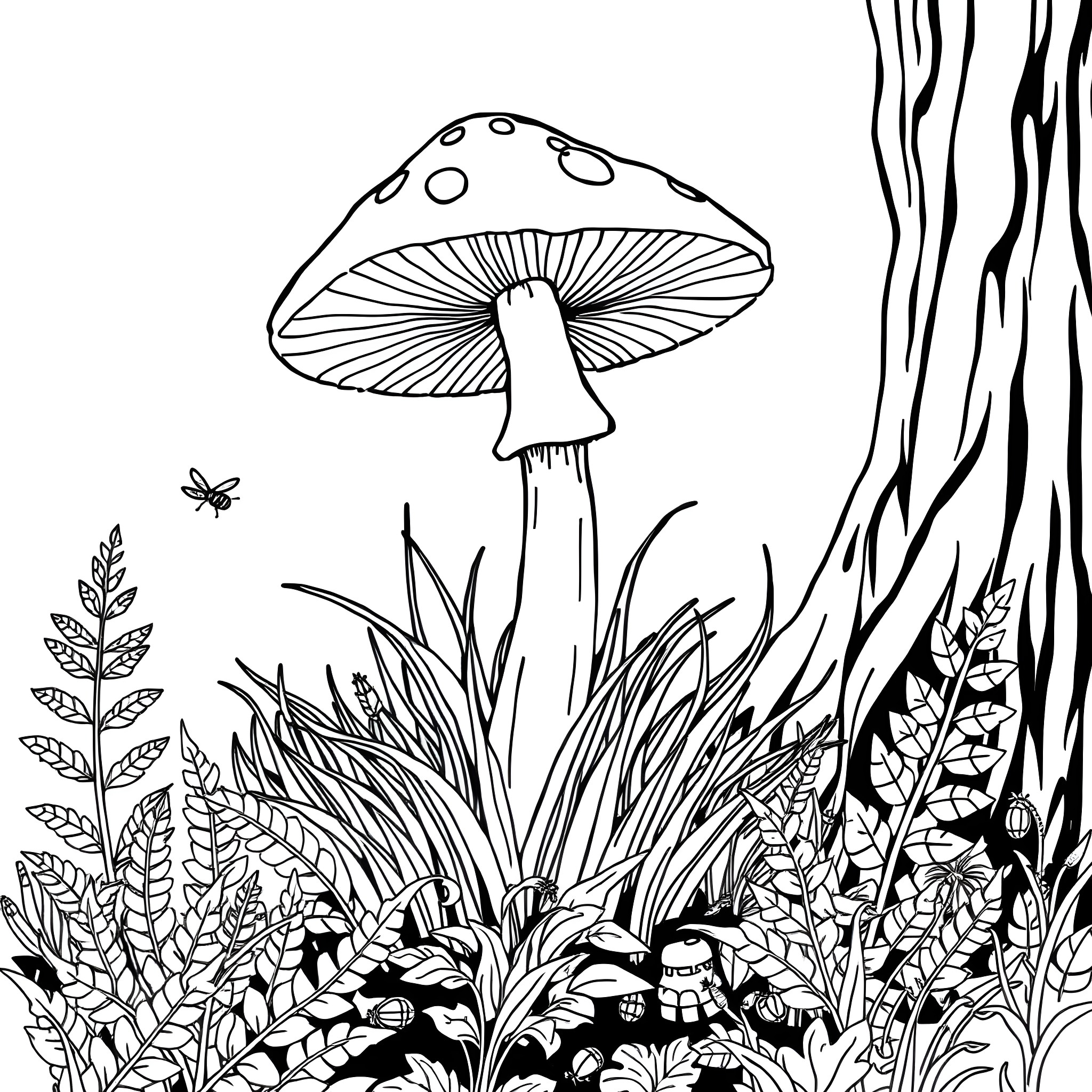 Mushroom in the Enchanting Forest Coloring Page (free black-and-white line drawing printable PDF for all, from beginners to advanced learners, including children, teens, adults, and seniors)
