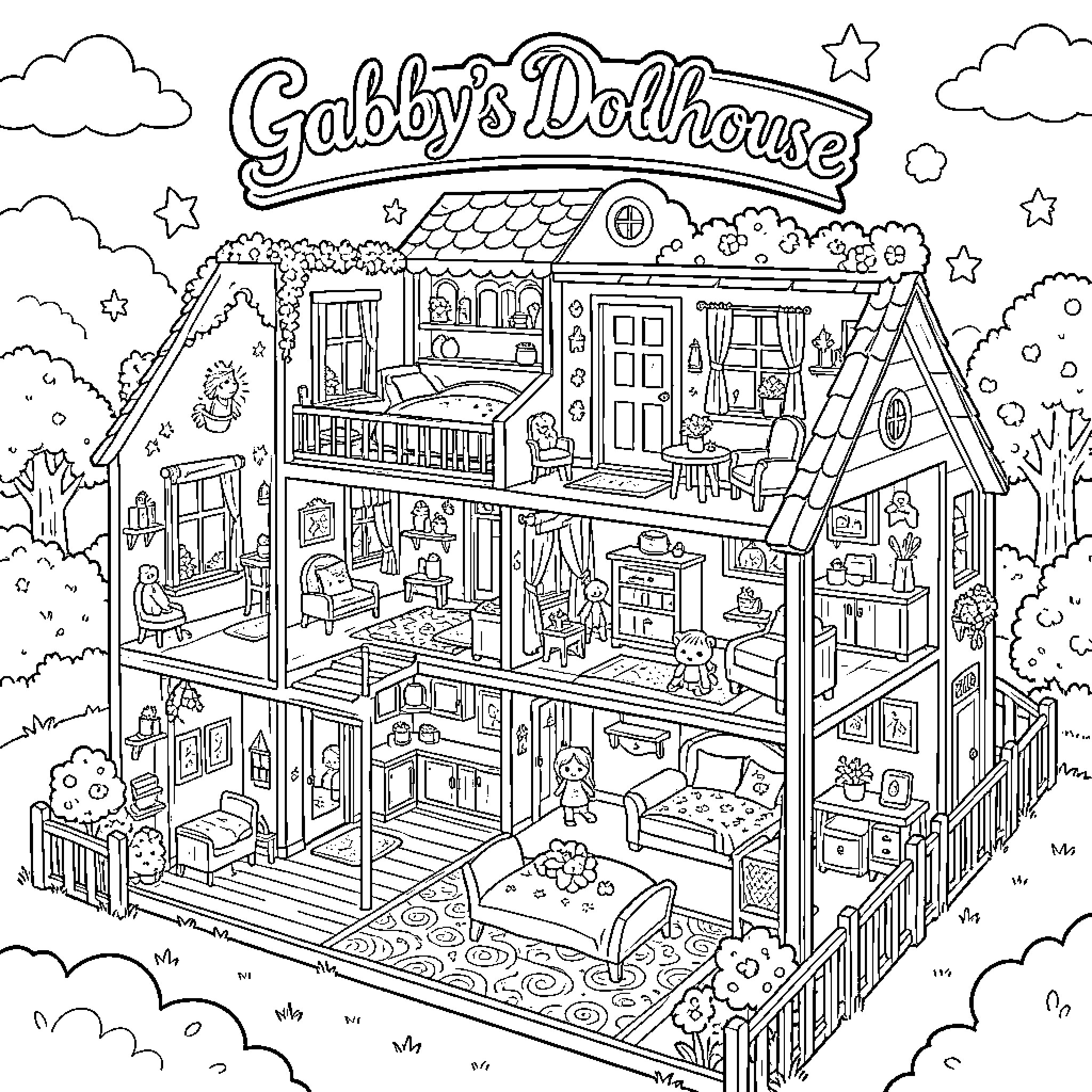 Gabby's Dollhouse: Detailed interior and exterior scenes Coloring Page (free black-and-white line drawing printable PDF for all, from beginners to advanced learners, including children, teens, adults, and seniors)
