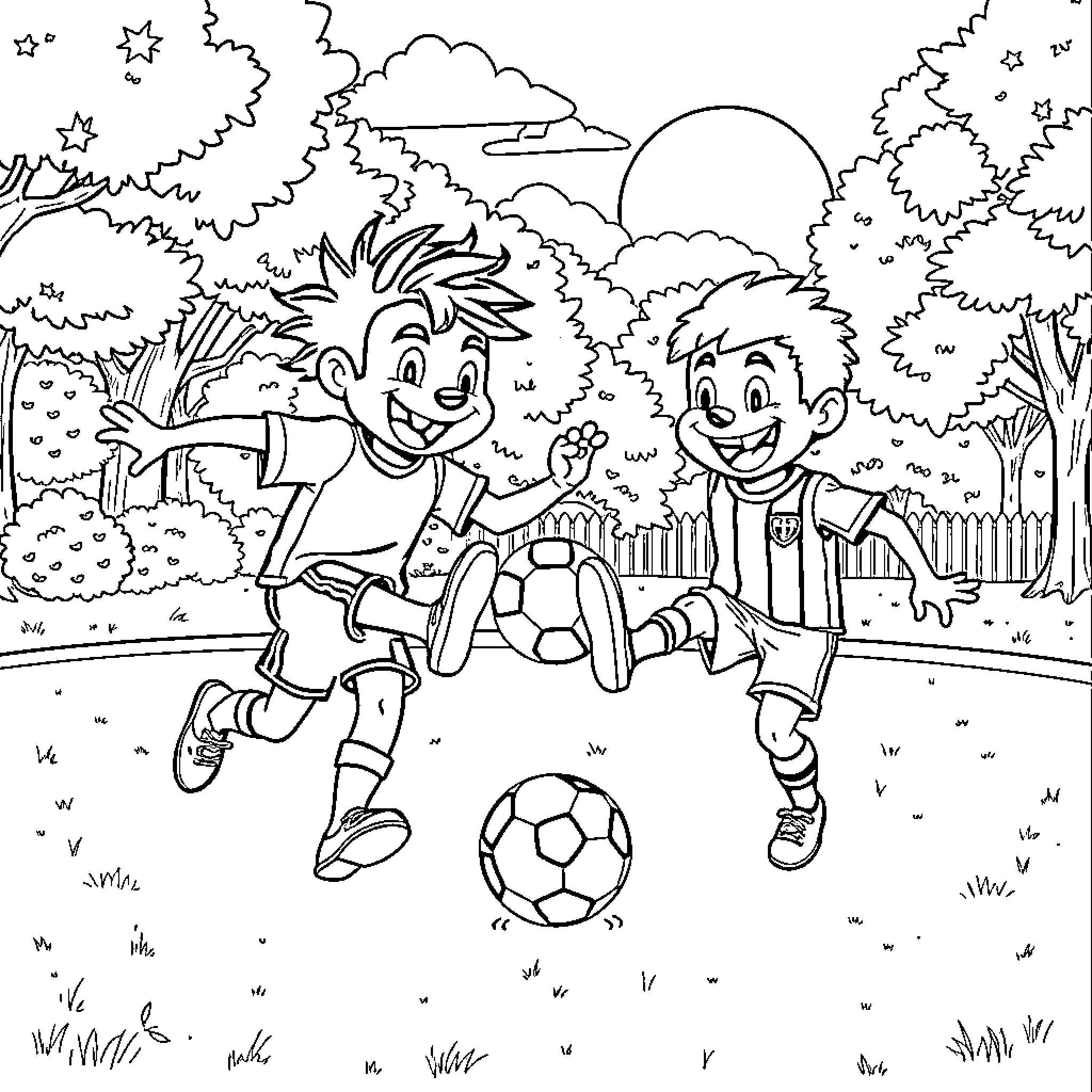 Pirrith Friends Playing Soccer in the Park Coloring Page (free black-and-white line drawing printable PDF for all, from beginners to advanced learners, including children, teens, adults, and seniors)
