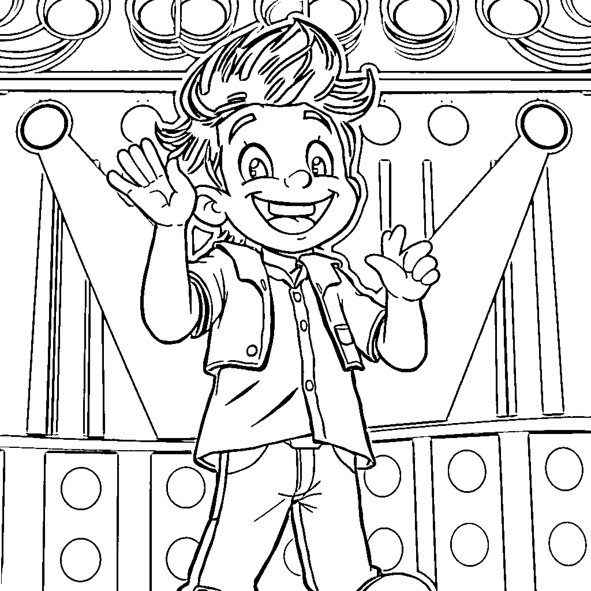 Felix's Cheerful Celebration on the Stage Coloring Page (free black-and-white line drawing printable PDF for all, from beginners to advanced learners, including children, teens, adults, and seniors)