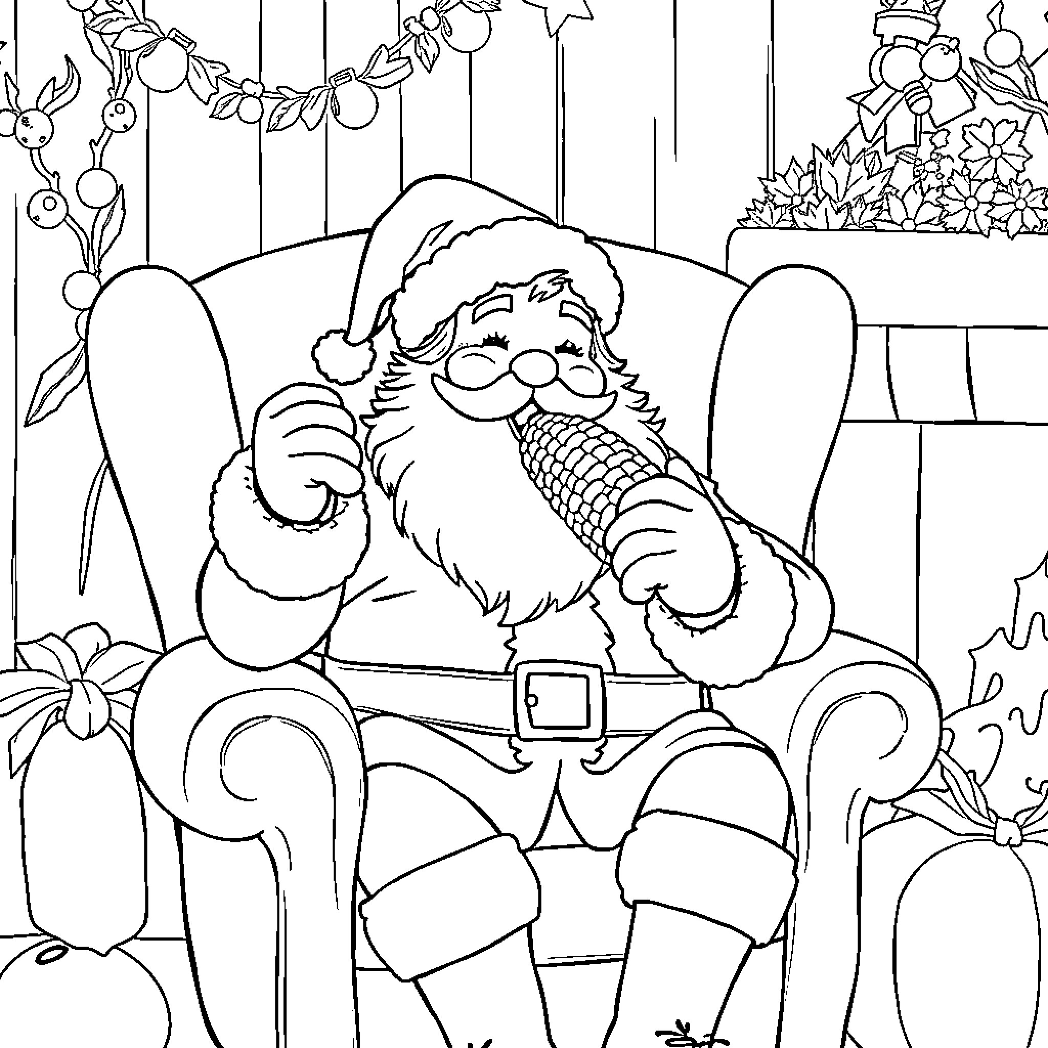 Santa sitting in a cozy chair surrounded by holiday decorations Coloring Page (free black-and-white line drawing printable PDF for all, from beginners to advanced learners, including children, teens, adults, and seniors)