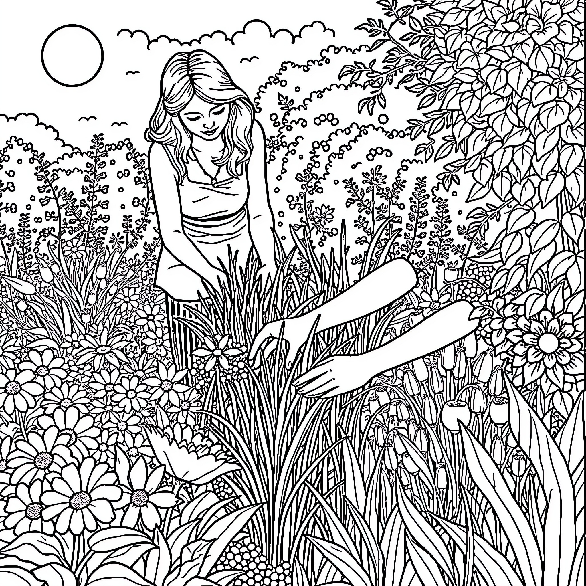 Woman enjoying nature's serenity in a lush garden Coloring Page (free black-and-white line drawing printable PDF for all, from beginners to advanced learners, including children, teens, adults, and seniors)