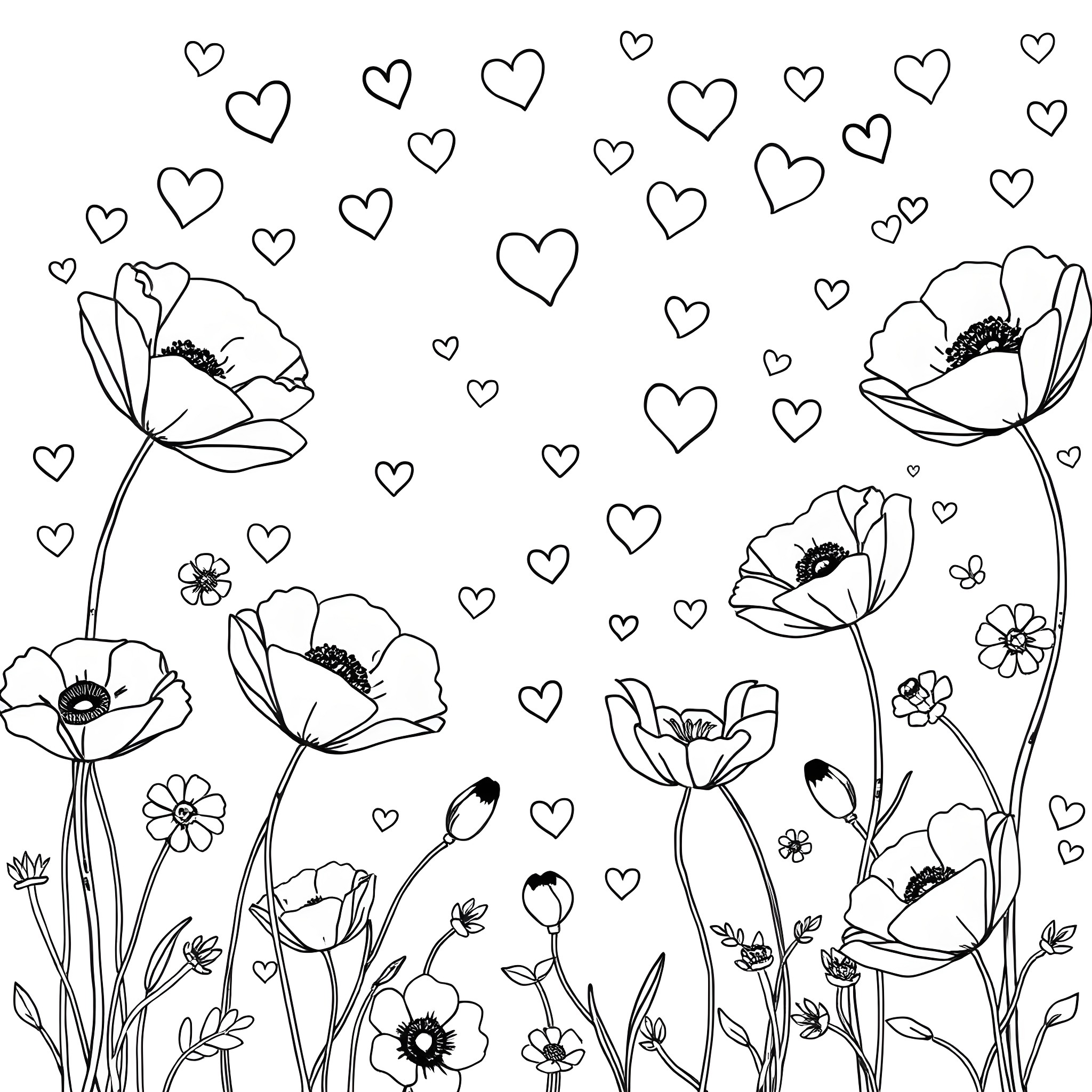 Poppy Flowers in a Whimsical Floral Field Coloring Page (free black-and-white line drawing printable PDF for all, from beginners to advanced learners, including children, teens, adults, and seniors)