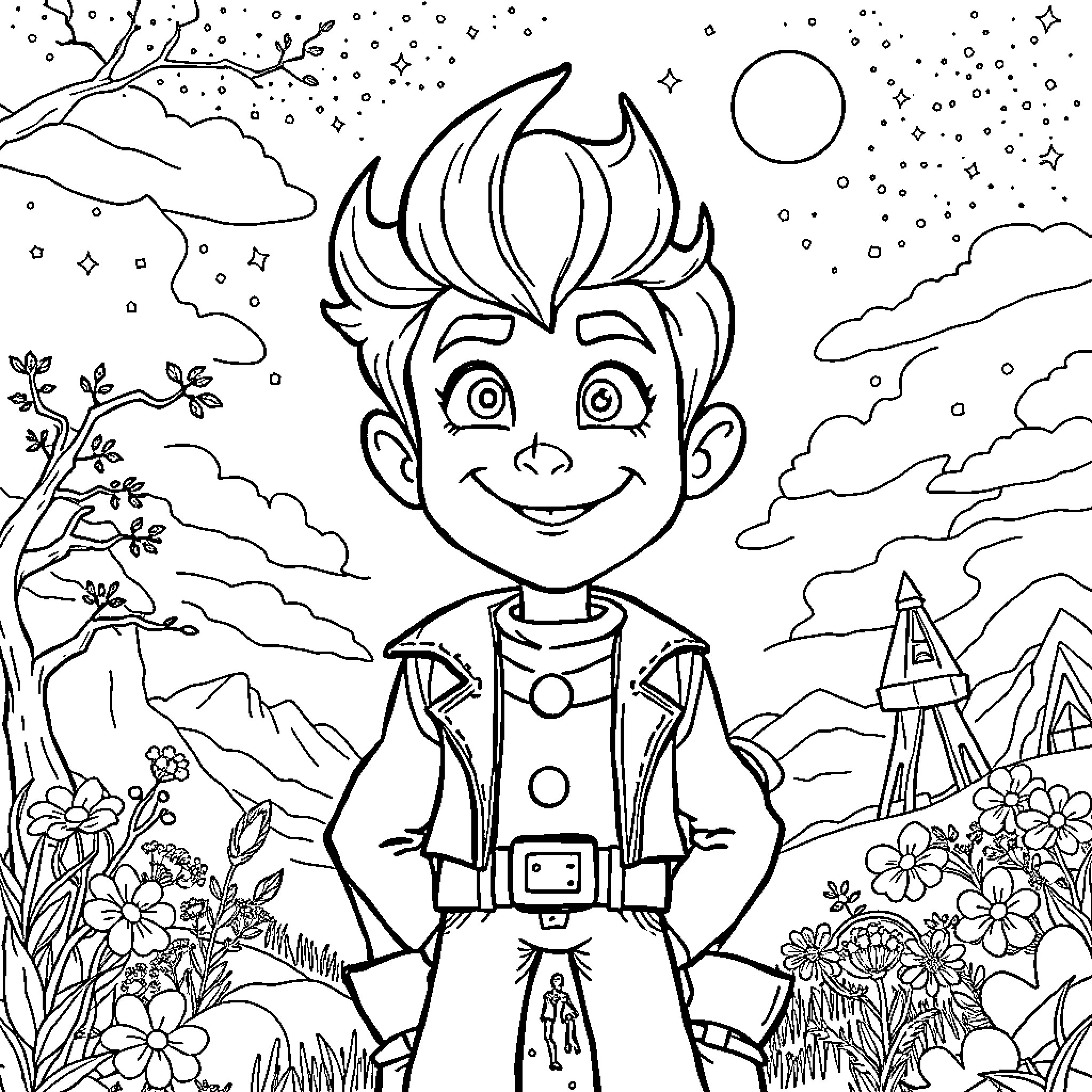Jack's Adventurous Exploration in the Enchanted Forest Coloring Page (free black-and-white line drawing printable PDF for all, from beginners to advanced learners, including children, teens, adults, and seniors)
