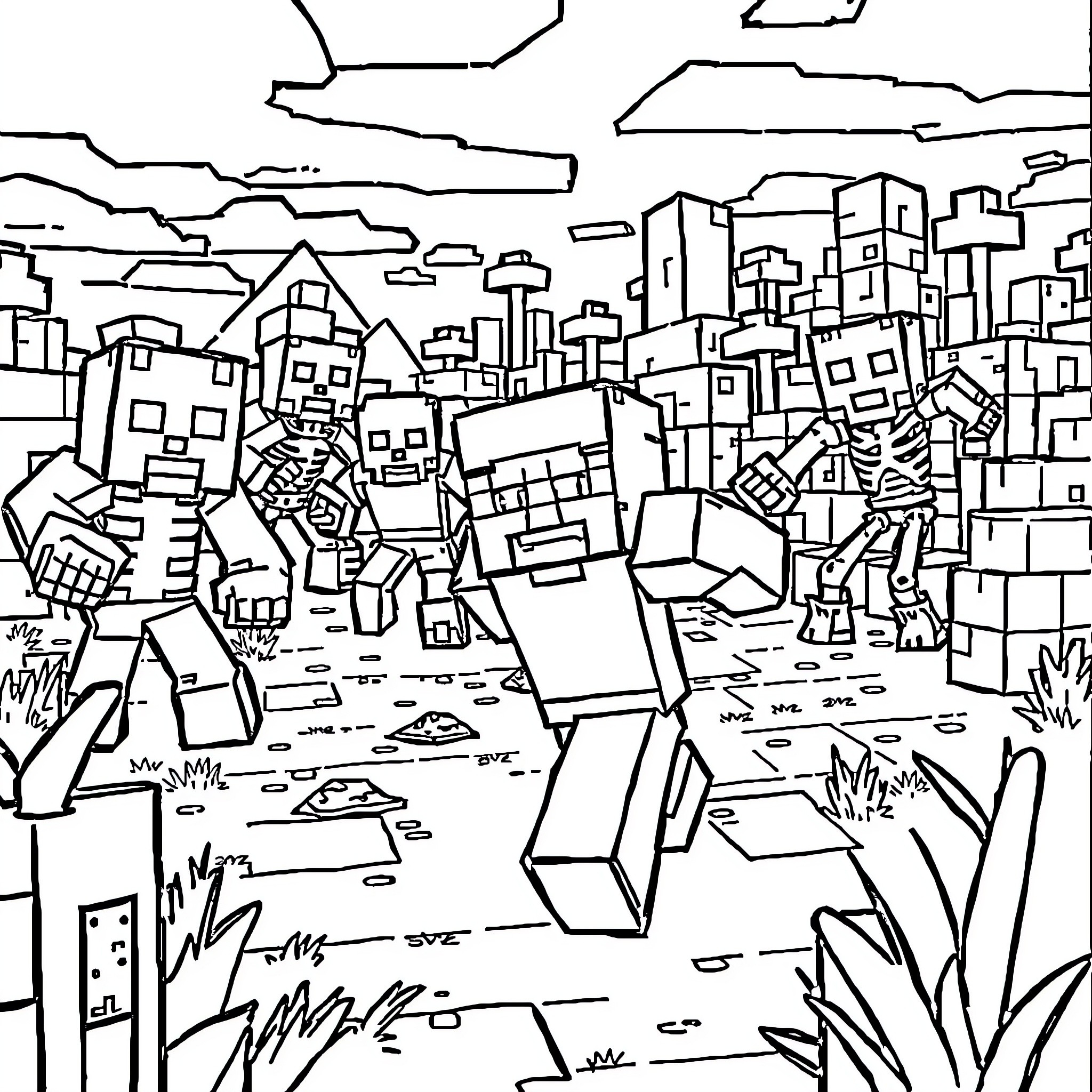Minecraft Mob gathering in the town Coloring Page (free black-and-white line drawing printable PDF for all, from beginners to advanced learners, including children, teens, adults, and seniors)