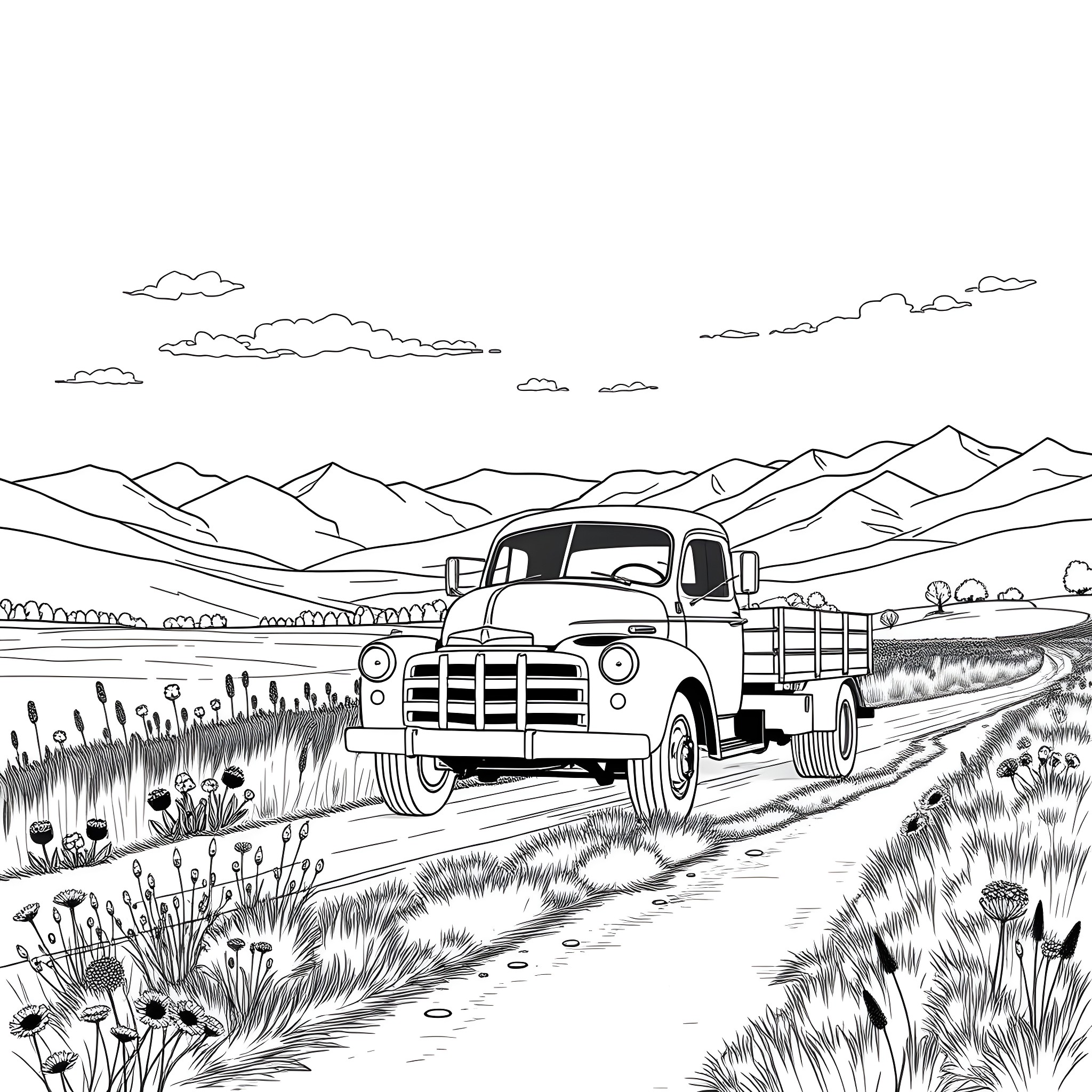 Truck traversing rural landscape with mountains Coloring Page (free black-and-white line drawing printable PDF for all, from beginners to advanced learners, including children, teens, adults, and seniors)
