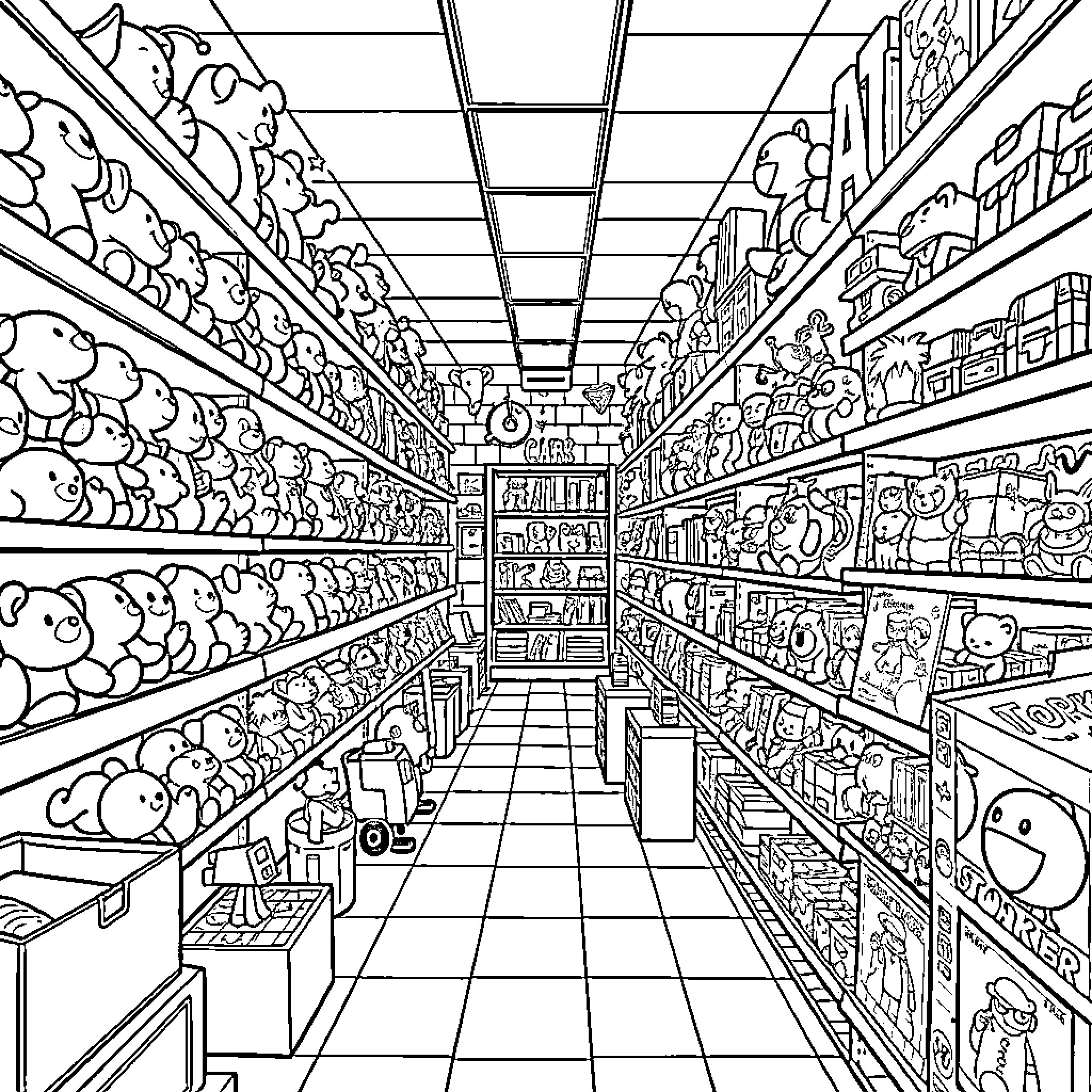 Toy-filled Aisles in a Whimsical Store Coloring Page (free black-and-white line drawing printable PDF for all, from beginners to advanced learners, including children, teens, adults, and seniors)