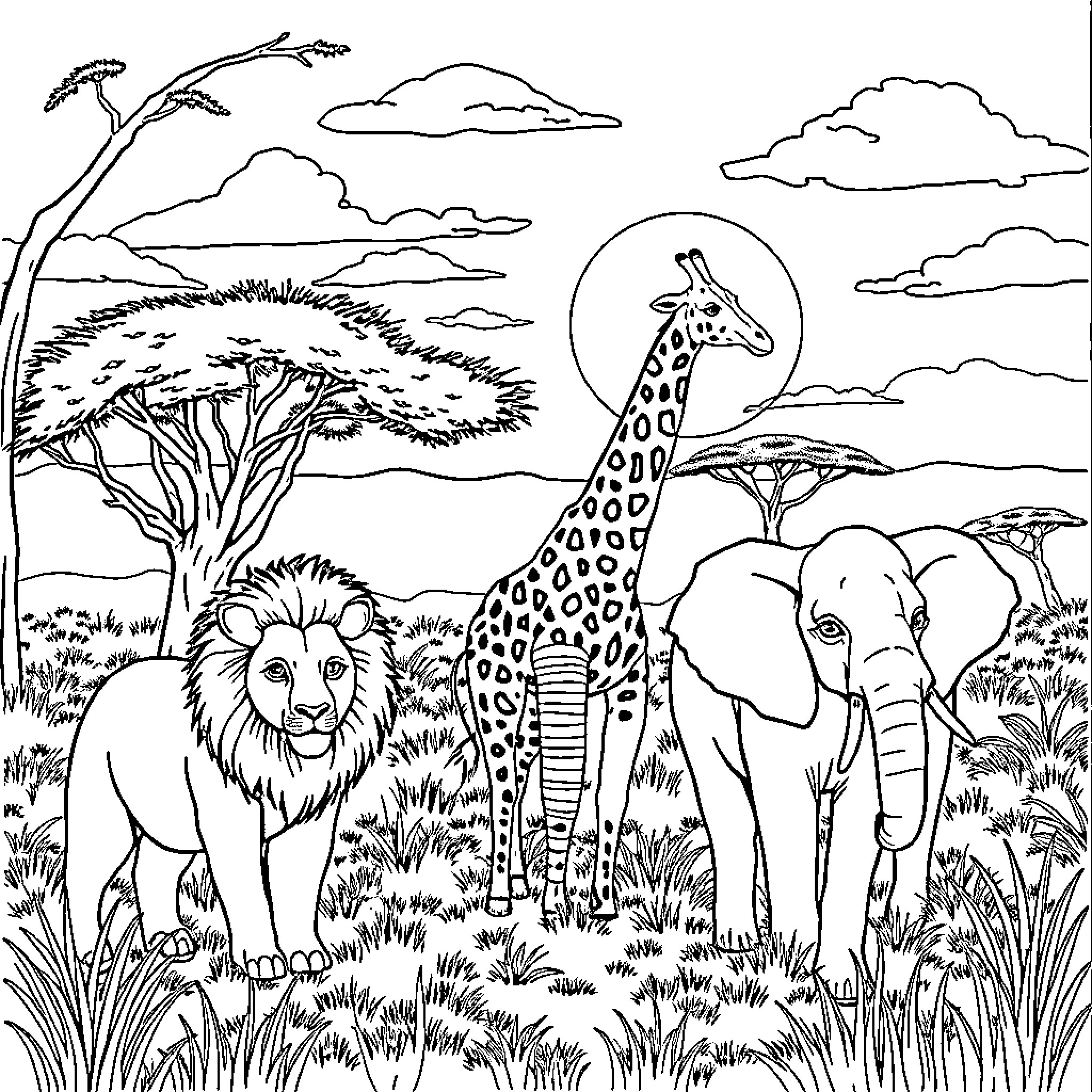 Animal Safari Scene with Wildlife in the Wild Coloring Page (free black-and-white line drawing printable PDF for all, from beginners to advanced learners, including children, teens, adults, and seniors)