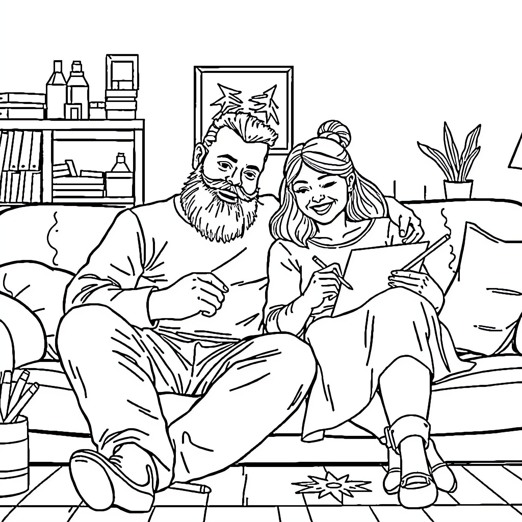 Man and Woman Sharing Affectionate Moment on Couch Coloring Page (free black-and-white line drawing printable PDF for all, from beginners to advanced learners, including children, teens, adults, and seniors)