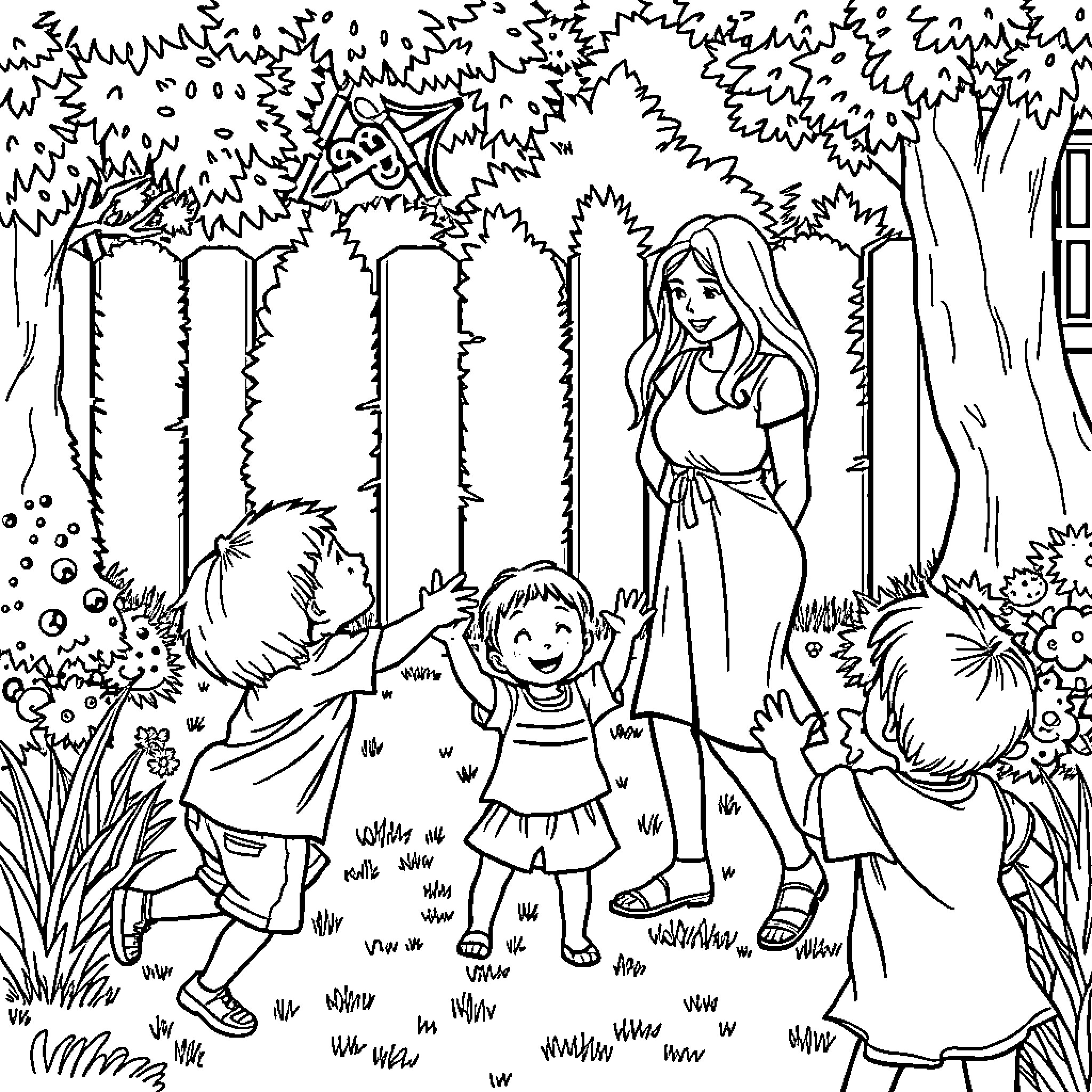 Child exploring nature with family in the forest Coloring Page (free black-and-white line drawing printable PDF for all, from beginners to advanced learners, including children, teens, adults, and seniors)