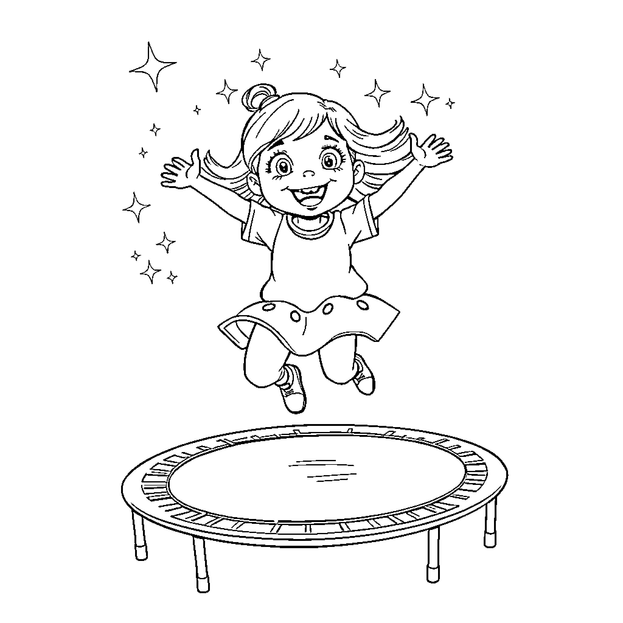 Eye Catching Cheerful Girl Jumping on Trampoline Coloring Page (free black-and-white line drawing printable PDF for all, from beginners to advanced learners, including children, teens, adults, and seniors)
