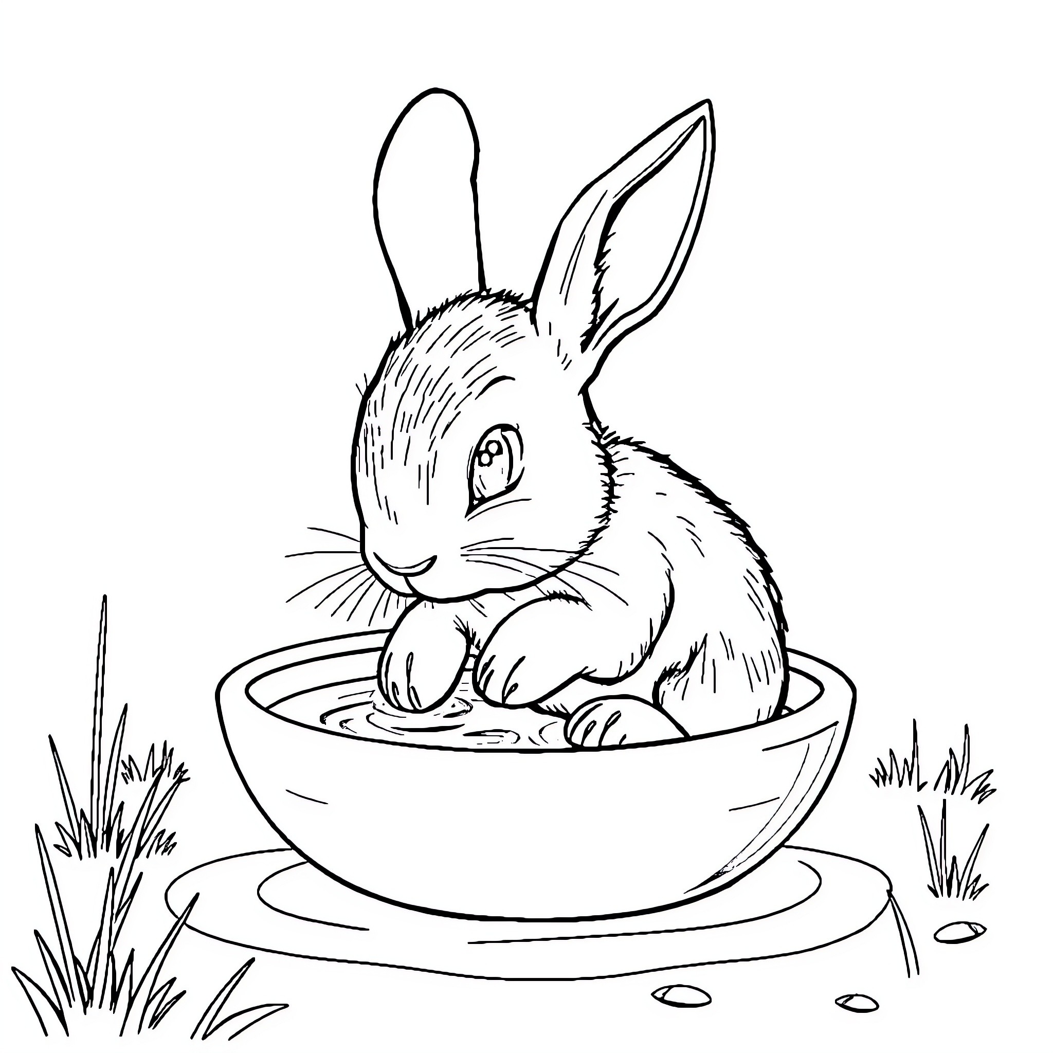 Lapin sitting in a cozy bowl Coloring Page (free black-and-white line drawing printable PDF for all, from beginners to advanced learners, including children, teens, adults, and seniors)