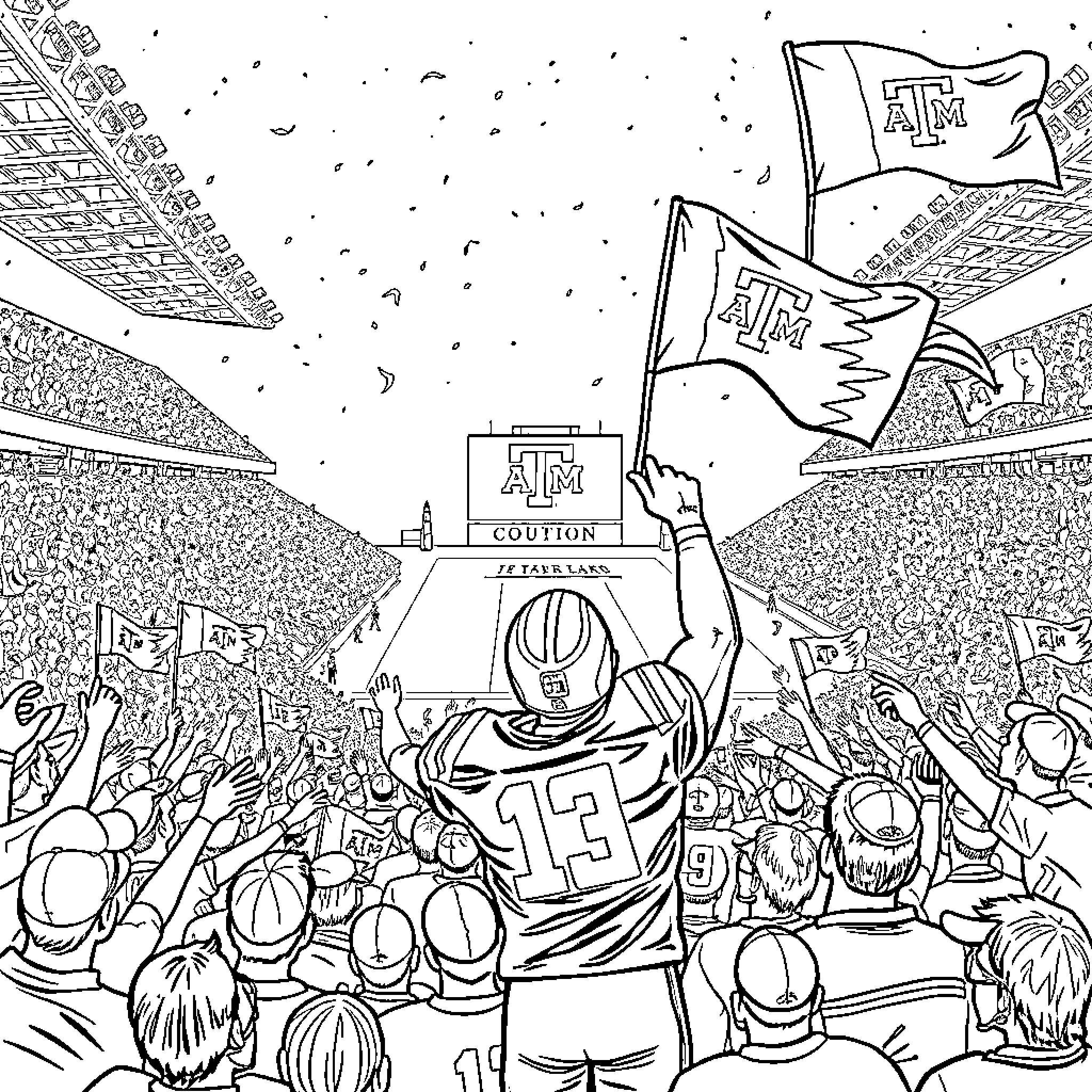 Texas A&M Football Fans Cheering at Stadium Coloring Page (free black-and-white line drawing printable PDF for all, from beginners to advanced learners, including children, teens, adults, and seniors)