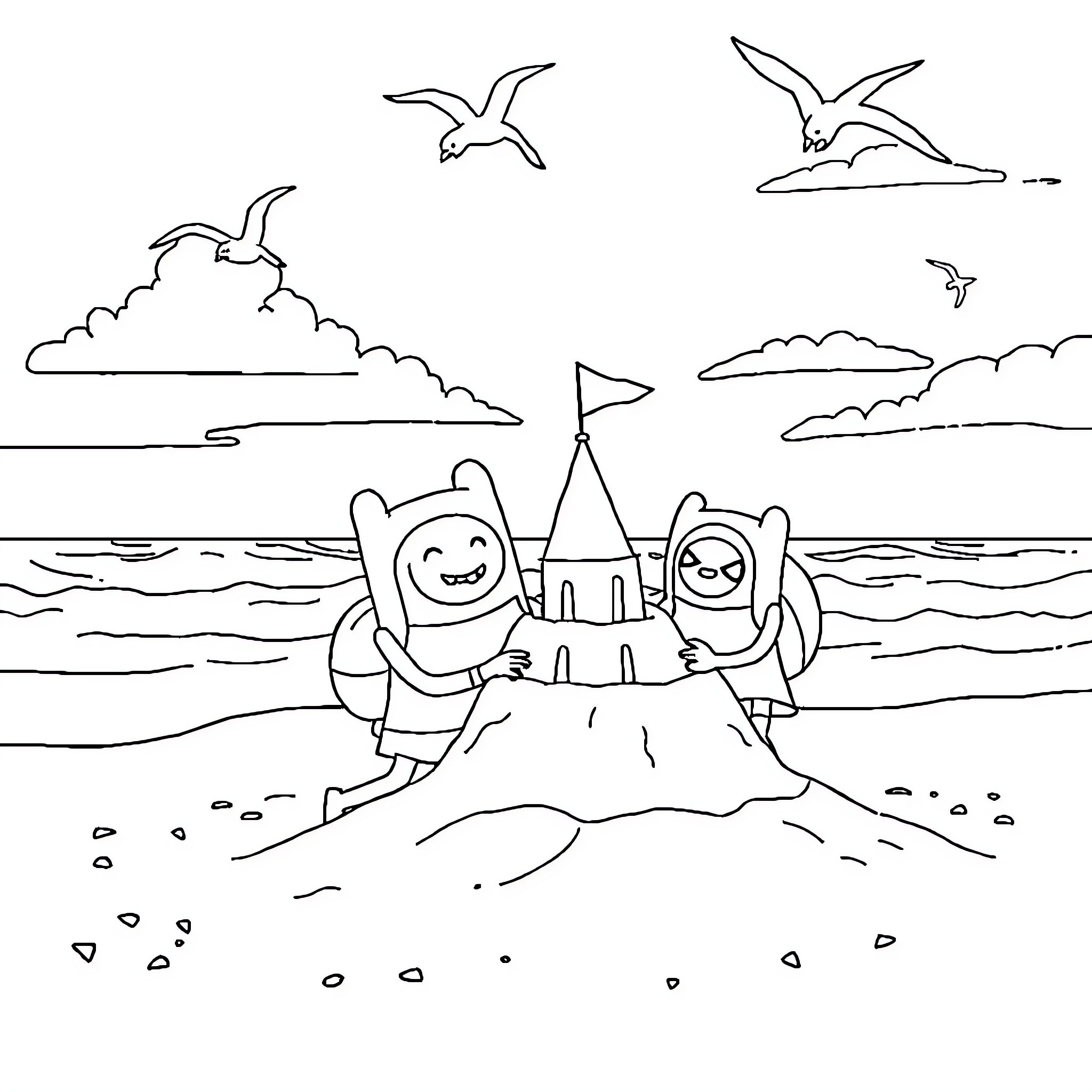 Bluey and Bingo building a sandcastle by the beach Coloring Page (free black-and-white line drawing printable PDF for all, from beginners to advanced learners, including children, teens, adults, and seniors)
