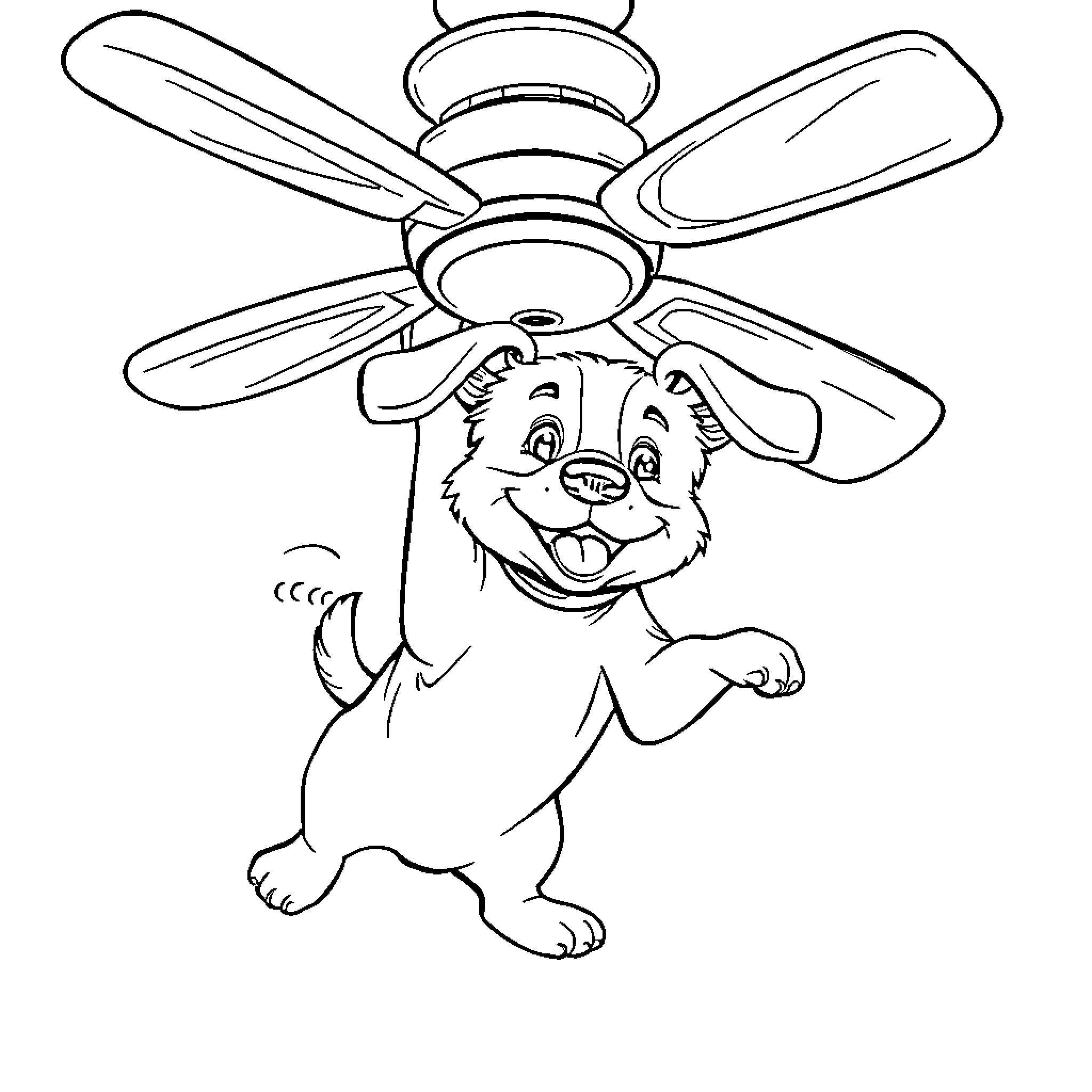 Dog playing under ceiling fan Coloring Page (free black-and-white line drawing printable PDF for all, from beginners to advanced learners, including children, teens, adults, and seniors)