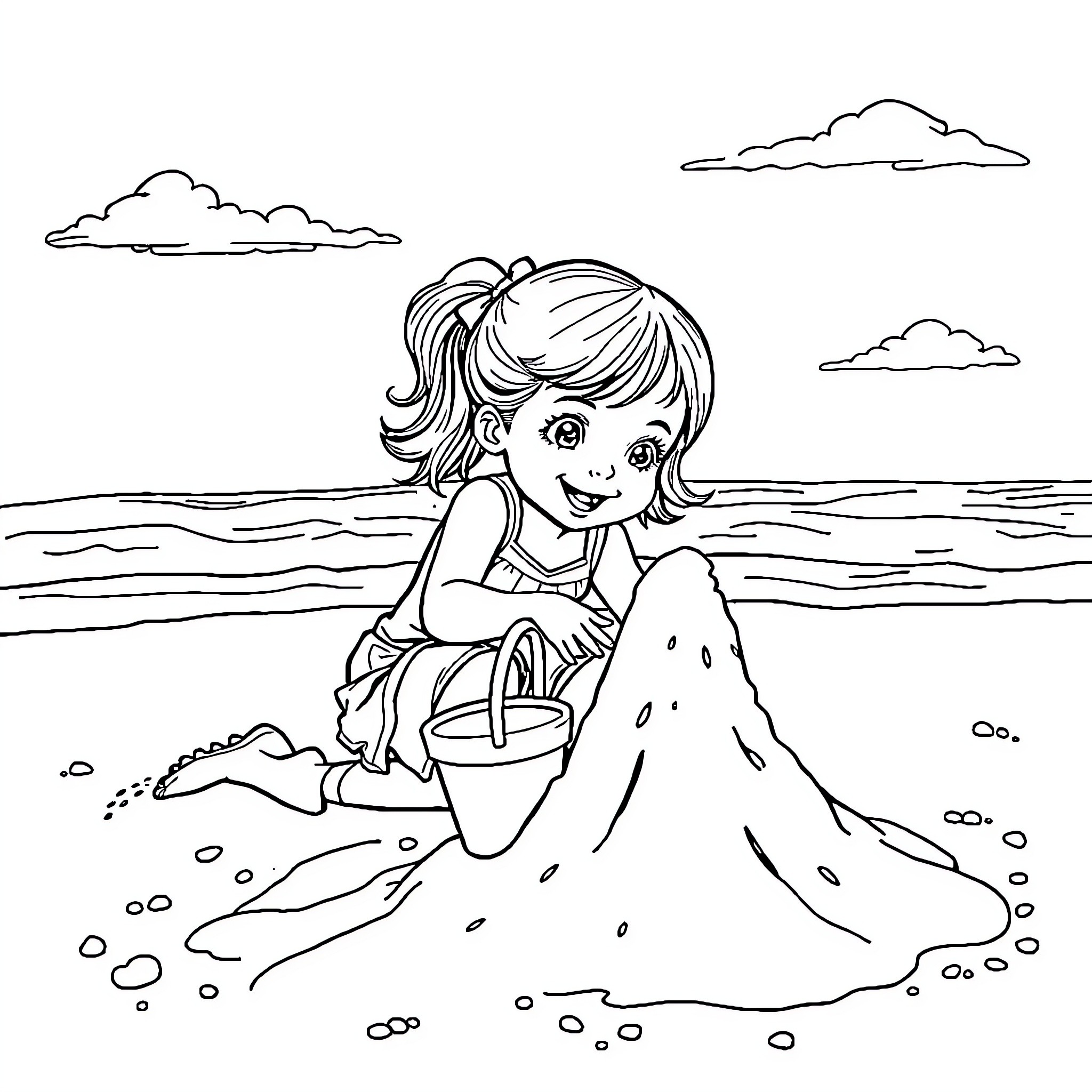Girl playing in the sand at the beach Coloring Page (free black-and-white line drawing printable PDF for all, from beginners to advanced learners, including children, teens, adults, and seniors)