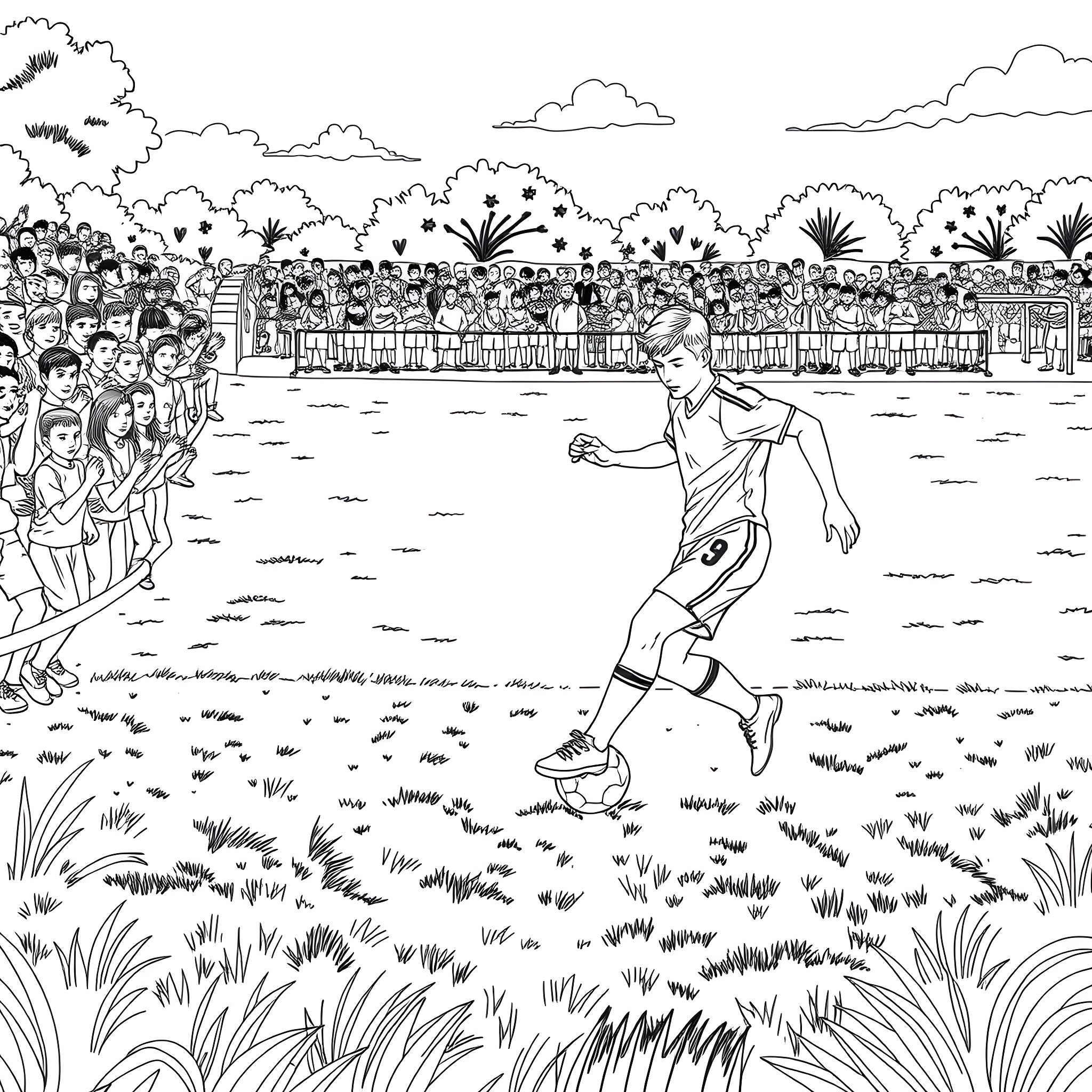 Soccer Player kicking ball in front of cheering crowd Coloring Page (free black-and-white line drawing printable PDF for all, from beginners to advanced learners, including children, teens, adults, and seniors)