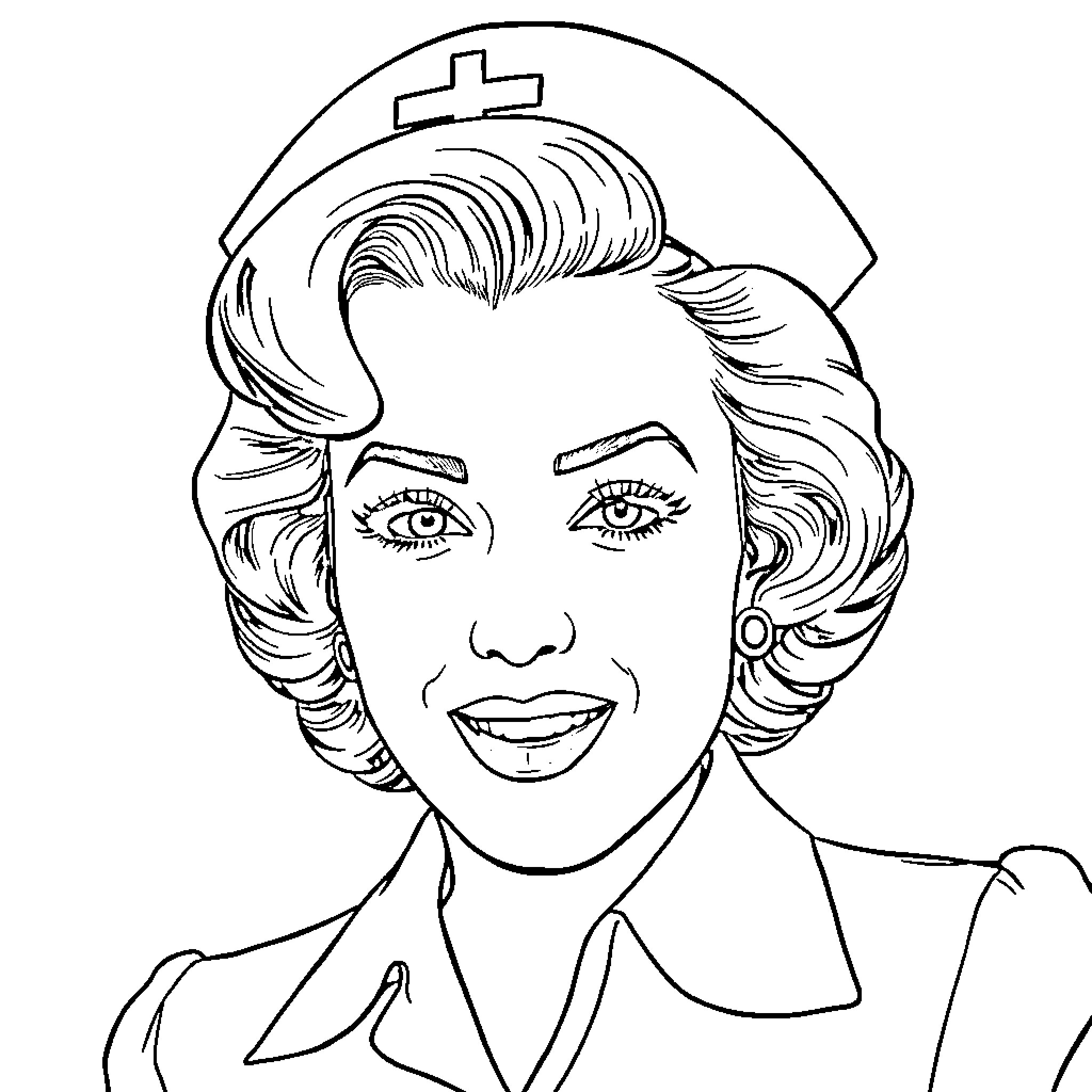 Marilyn Monroe as a Nurse in Uniform Coloring Page (free black-and-white line drawing printable PDF for all, from beginners to advanced learners, including children, teens, adults, and seniors)