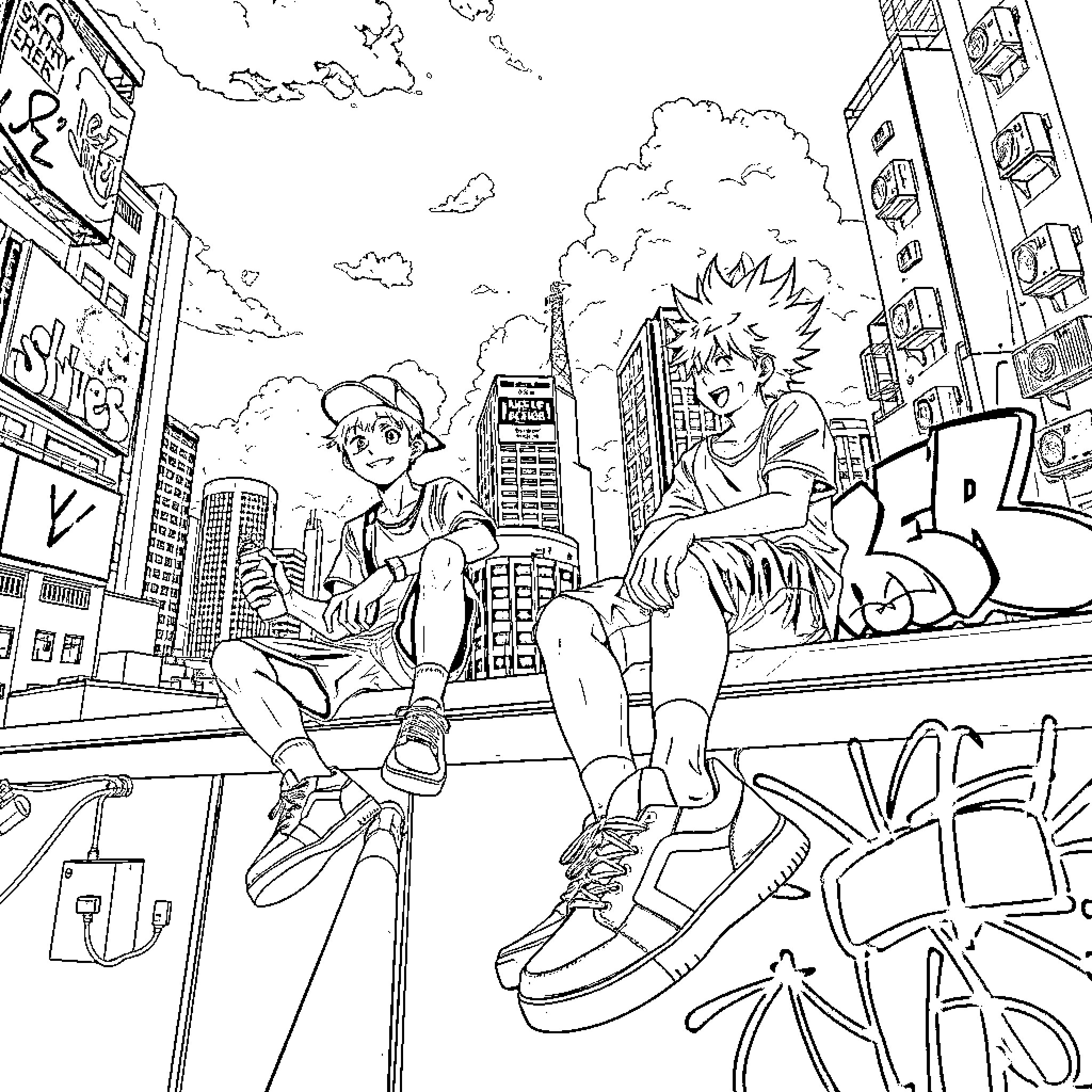 Graffiti Artists Exploring the Urban Landscape Coloring Page (free black-and-white line drawing printable PDF for all, from beginners to advanced learners, including children, teens, adults, and seniors)