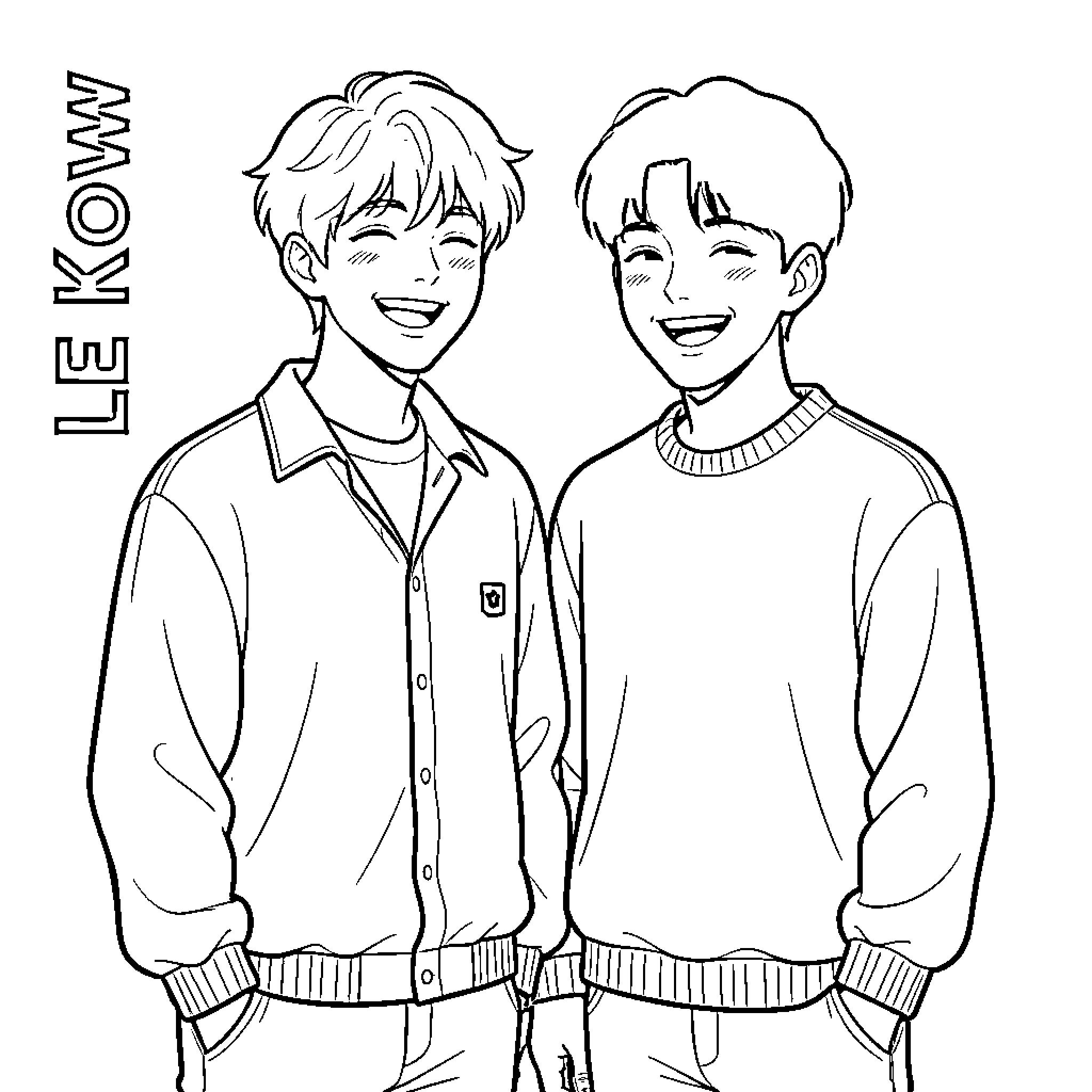 Lee Know smiling brightly while standing with a friend Coloring Page (free black-and-white line drawing printable PDF for all, from beginners to advanced learners, including children, teens, adults, and seniors)