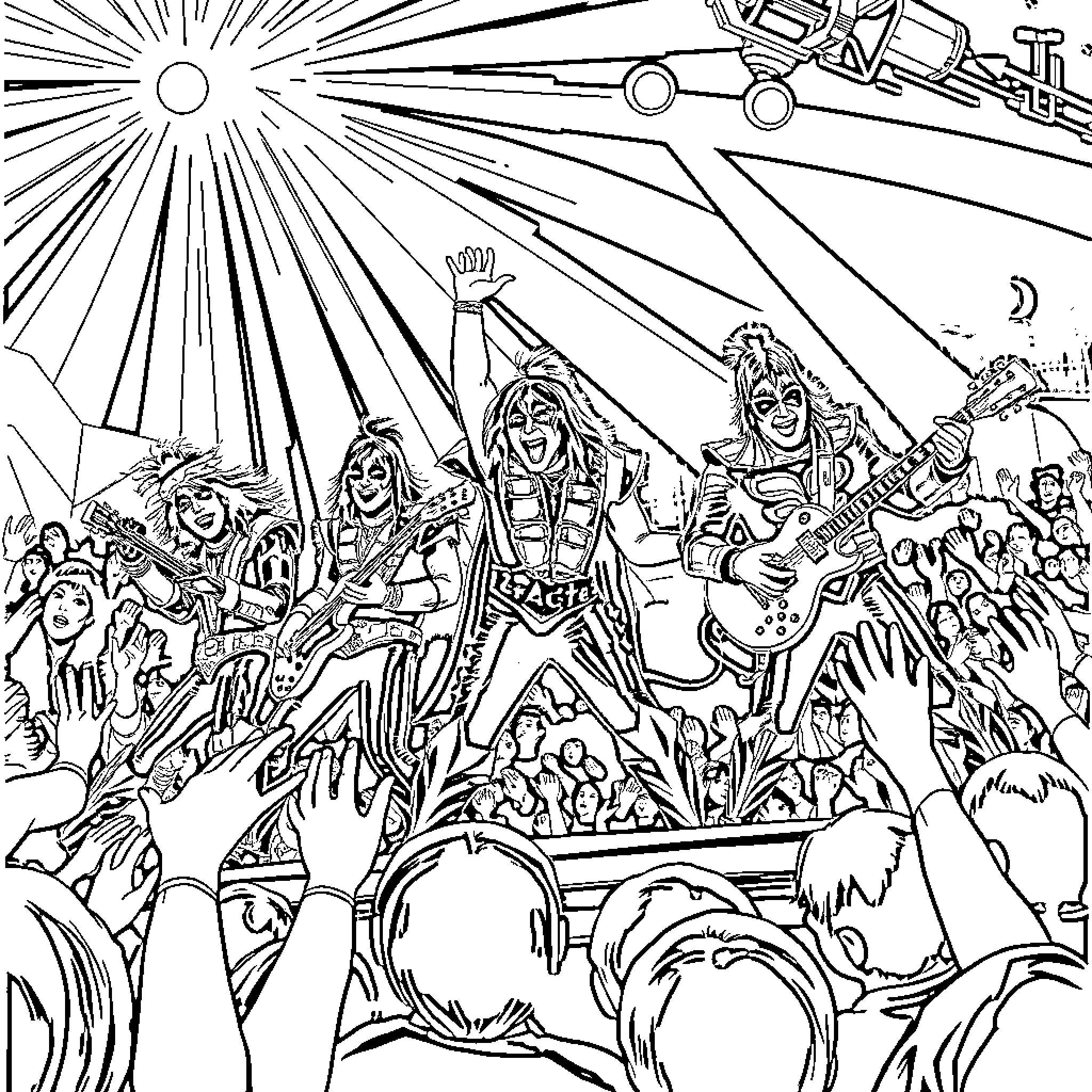 Kiss the stars of the rock concert Coloring Page (free black-and-white line drawing printable PDF for all, from beginners to advanced learners, including children, teens, adults, and seniors)