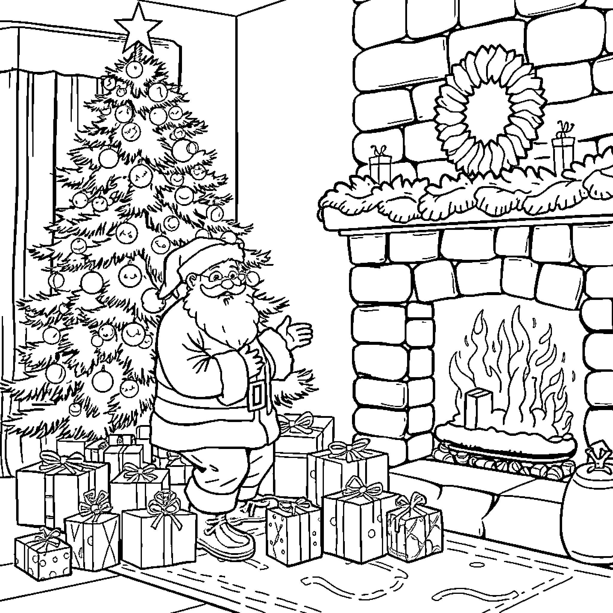 Santa decorating the Christmas tree by the fireplace Coloring Page (free black-and-white line drawing printable PDF for all, from beginners to advanced learners, including children, teens, adults, and seniors)