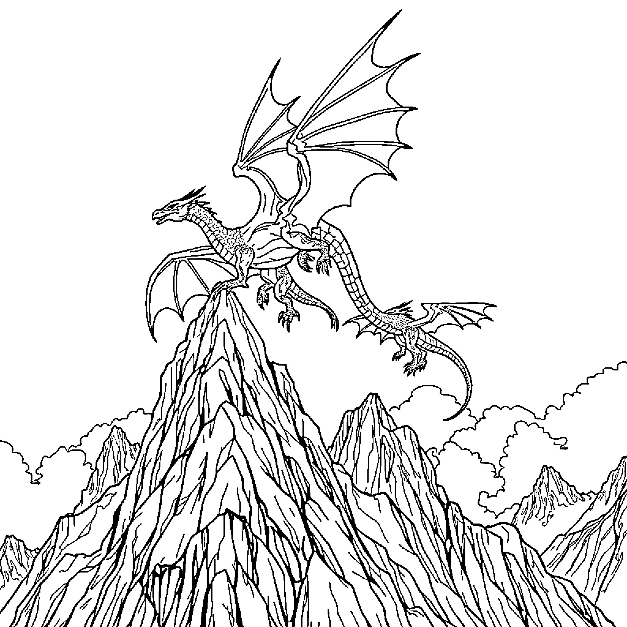 Dragon Duo Perching Atop Rugged Mountain Peak Coloring Page (free black-and-white line drawing printable PDF for all, from beginners to advanced learners, including children, teens, adults, and seniors)