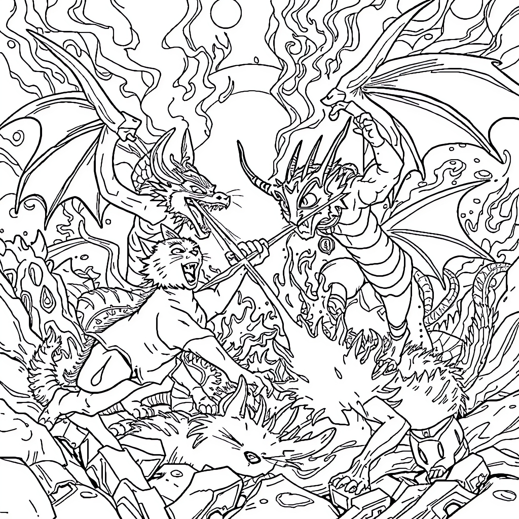 Warrior Cats in Epic Battle Coloring Page (free black-and-white line drawing printable PDF for all, from beginners to advanced learners, including children, teens, adults, and seniors)