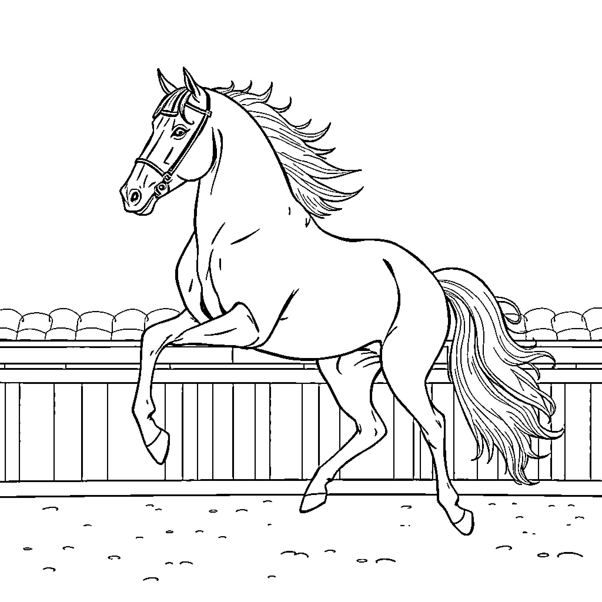 Horse galloping freely in a field Coloring Page (free black-and-white line drawing printable PDF for all, from beginners to advanced learners, including children, teens, adults, and seniors)