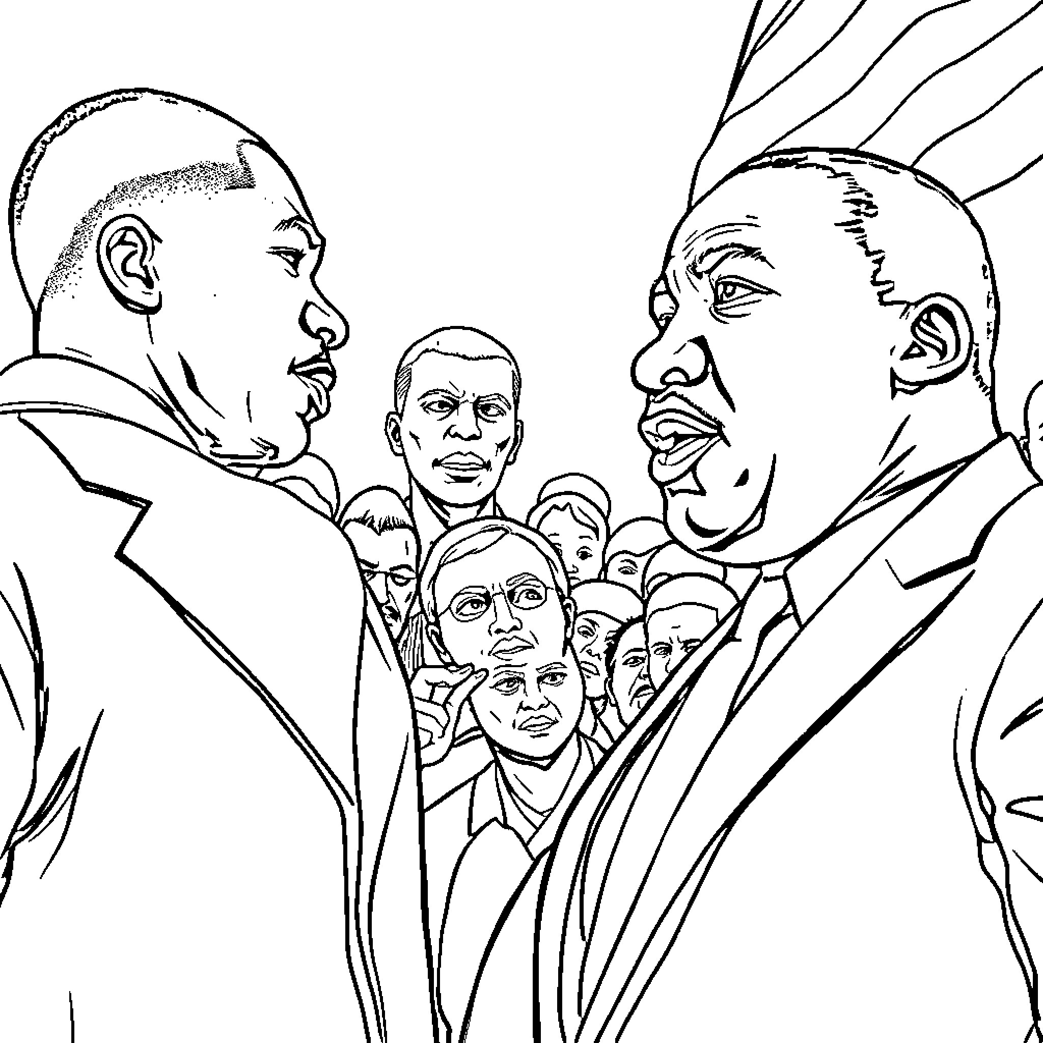 Martin Luther King Junior inspiring a crowd Coloring Page (free black-and-white line drawing printable PDF for all, from beginners to advanced learners, including children, teens, adults, and seniors)