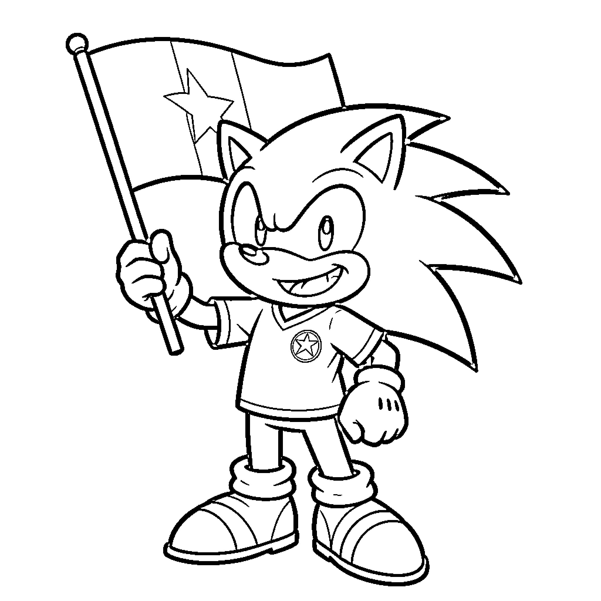 Sonic holding a flag with a confident expression Coloring Page (free black-and-white line drawing printable PDF for all, from beginners to advanced learners, including children, teens, adults, and seniors)