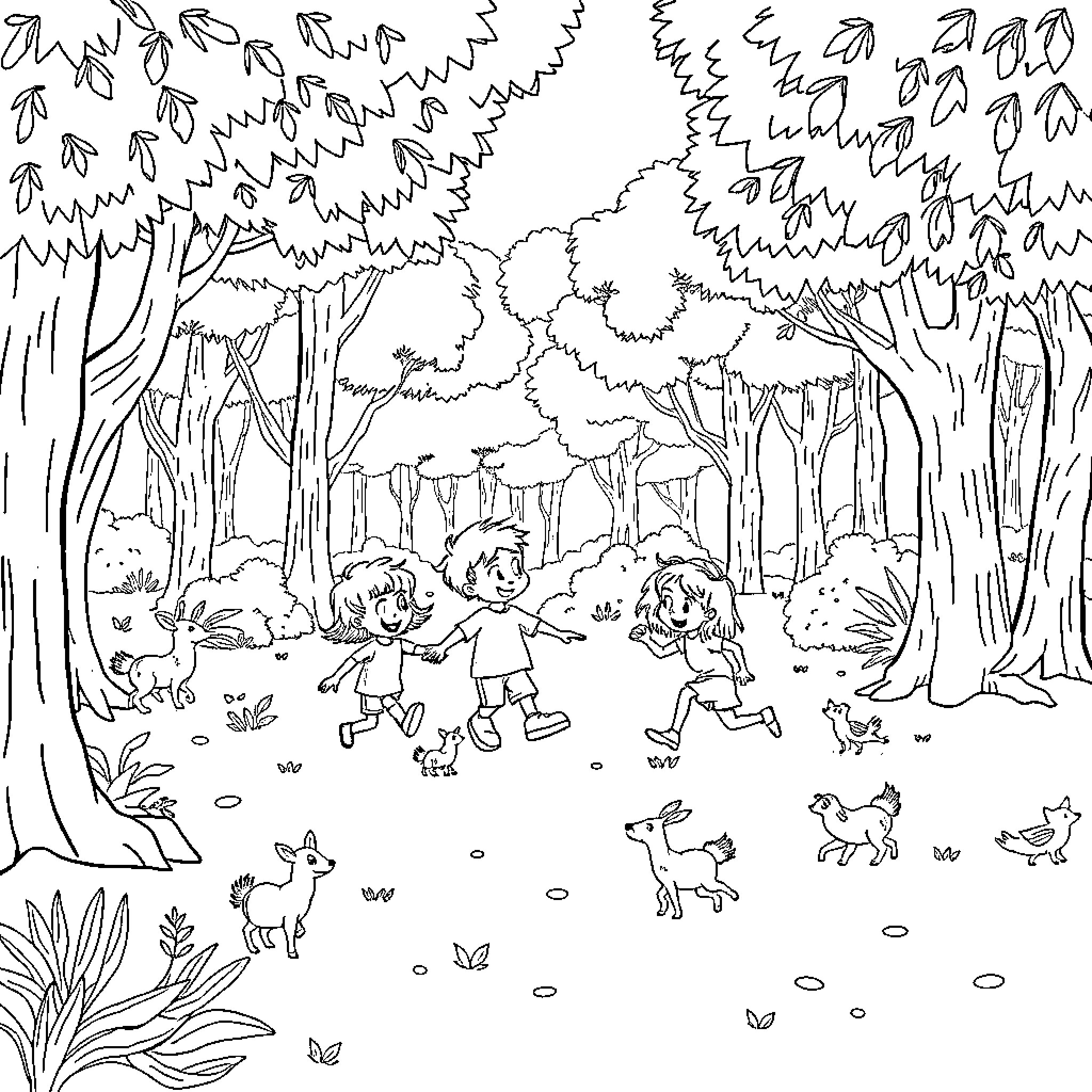 Niños jugando felices en el bosque Coloring Page (free black-and-white line drawing printable PDF for all, from beginners to advanced learners, including children, teens, adults, and seniors)