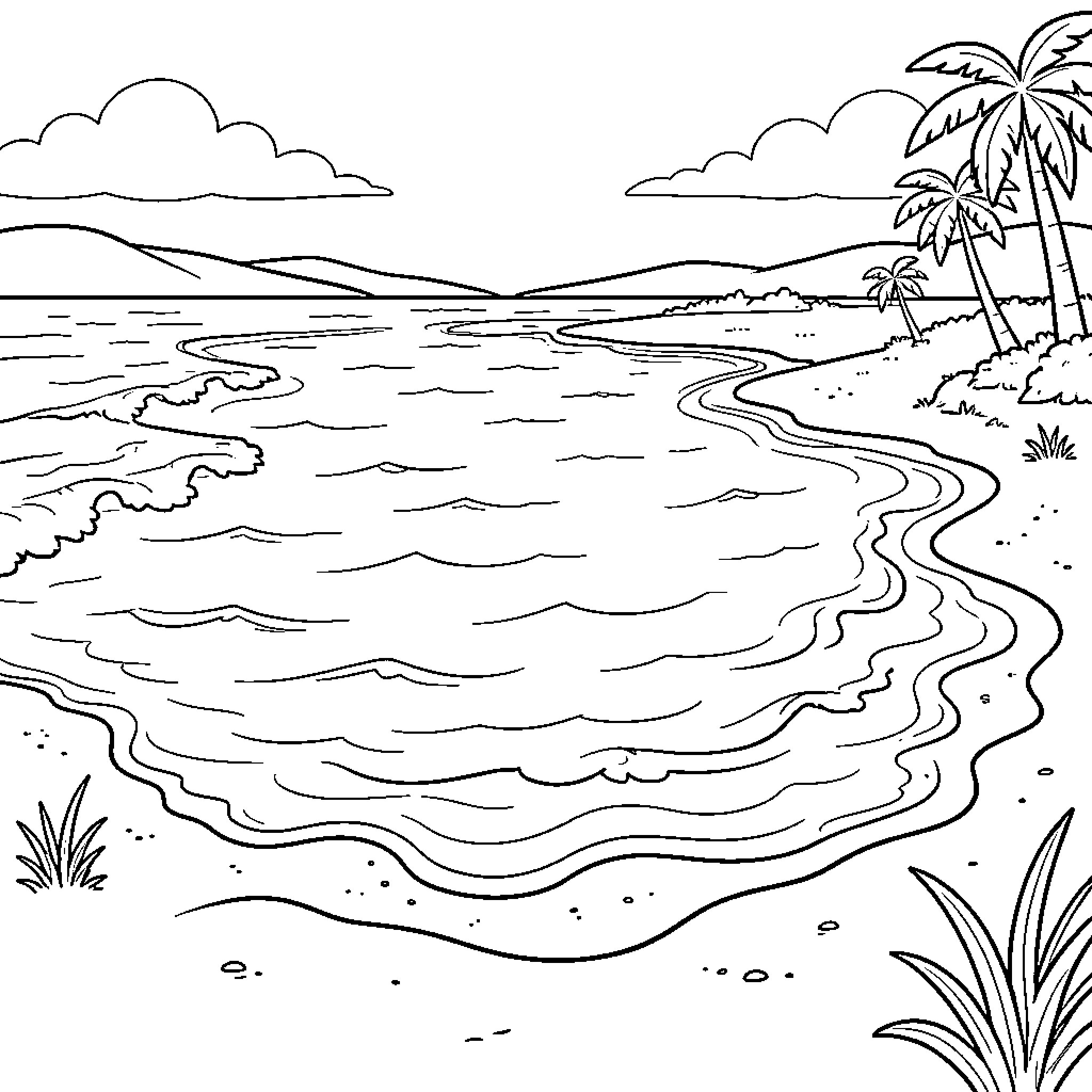 Lagoon with gentle waves washing onto a sandy shore Coloring Page (free black-and-white line drawing printable PDF for all, from beginners to advanced learners, including children, teens, adults, and seniors)