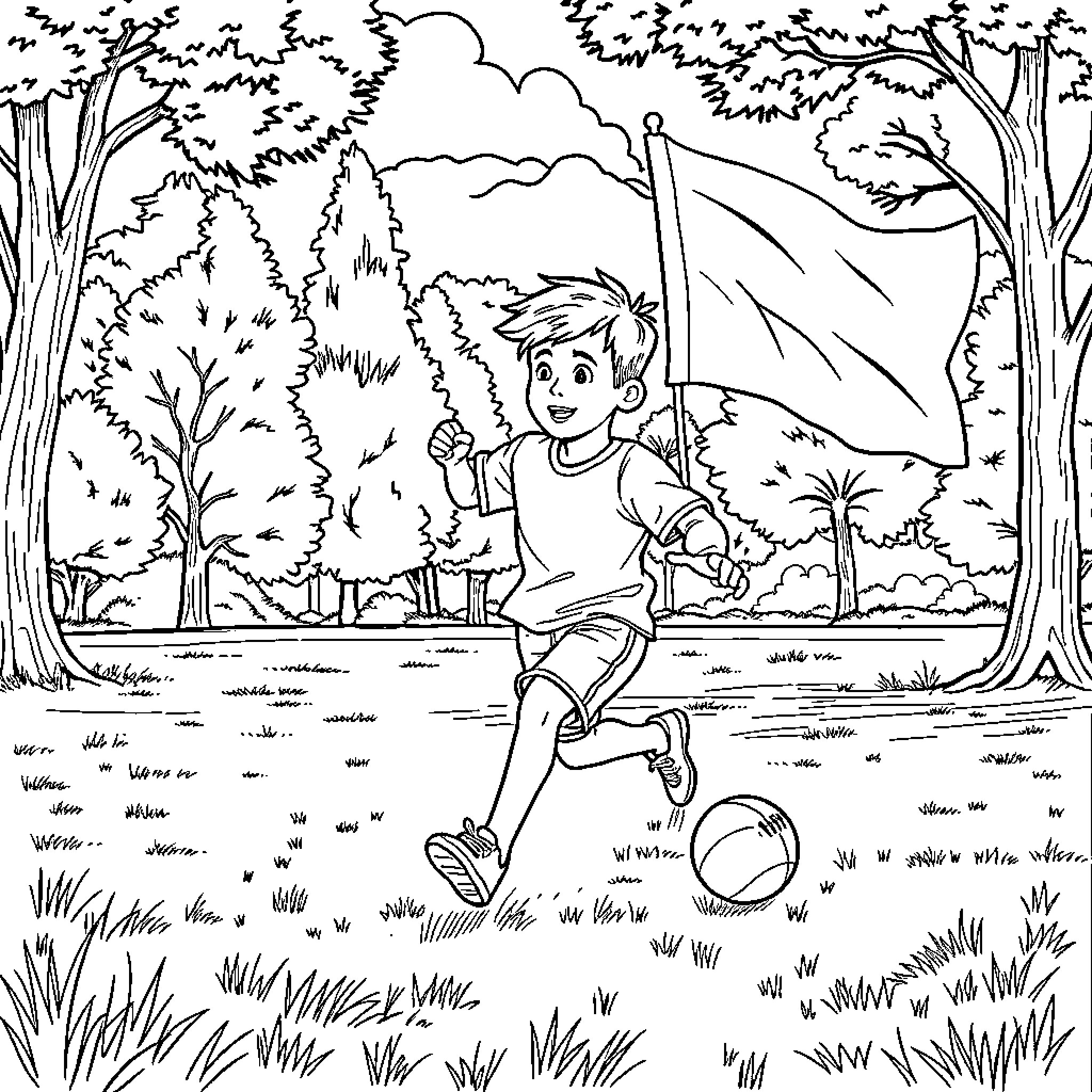 Boy playing with ball in the forest Coloring Page (free black-and-white line drawing printable PDF for all, from beginners to advanced learners, including children, teens, adults, and seniors)