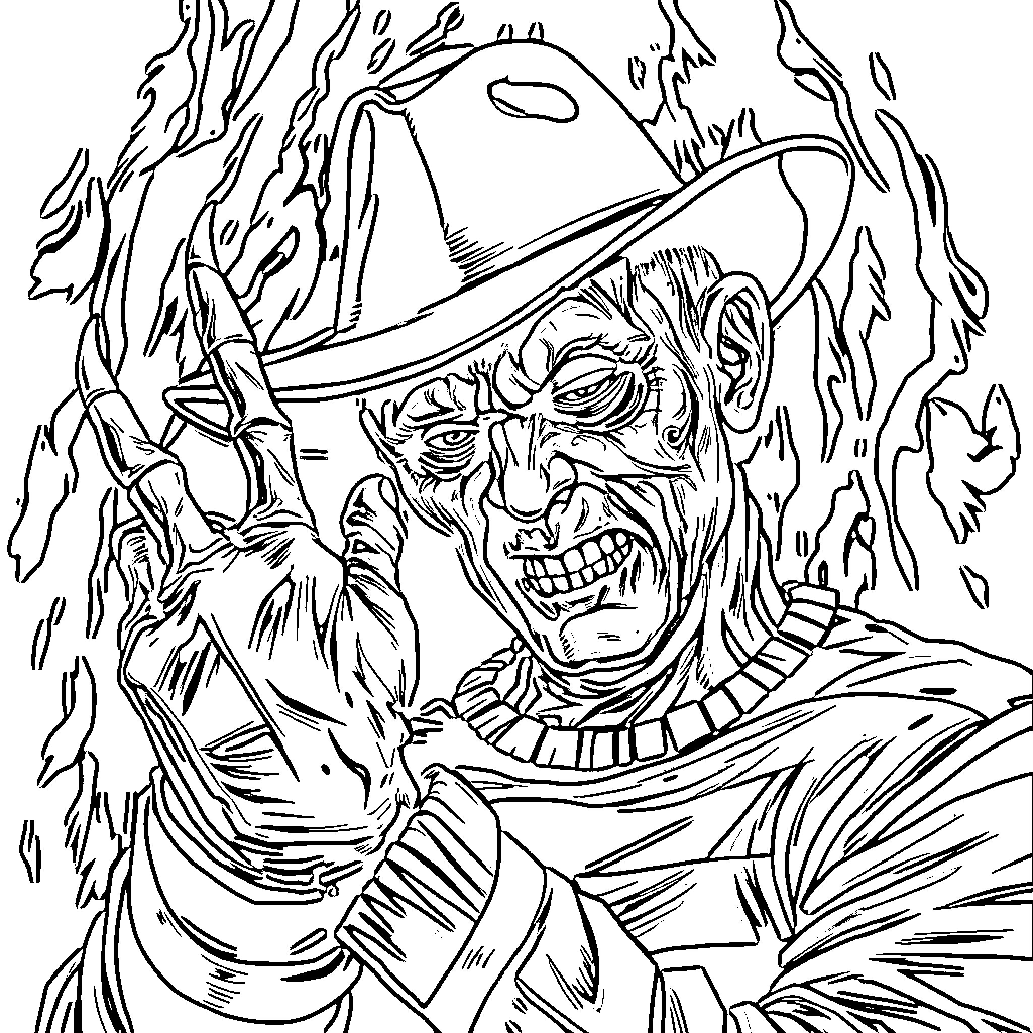 Freddy Krueger's Chilling Visage in Distress Coloring Page (free black-and-white line drawing printable PDF for all, from beginners to advanced learners, including children, teens, adults, and seniors)