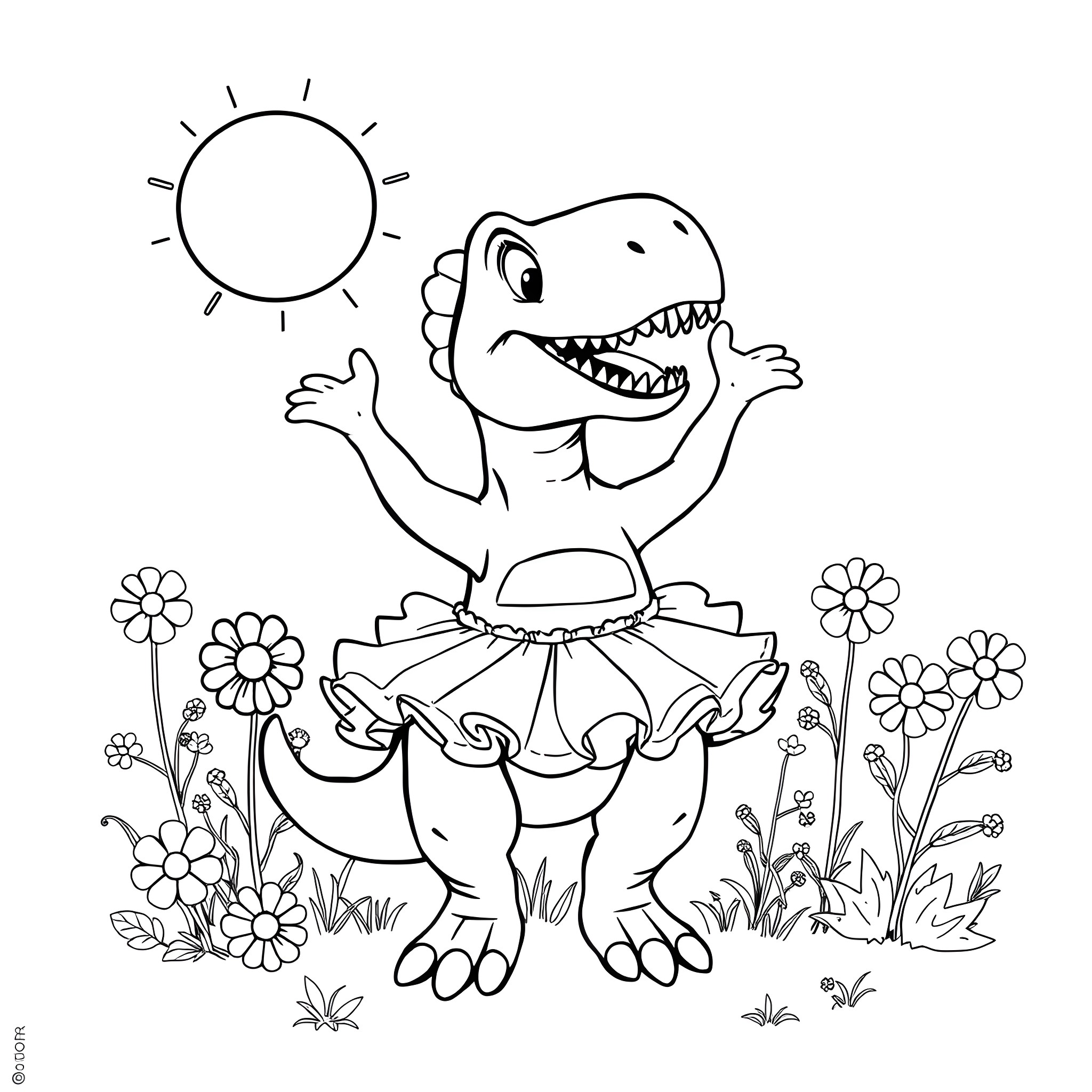T-Rex dancing joyfully in a floral meadow Coloring Page (free black-and-white line drawing printable PDF for all, from beginners to advanced learners, including children, teens, adults, and seniors)