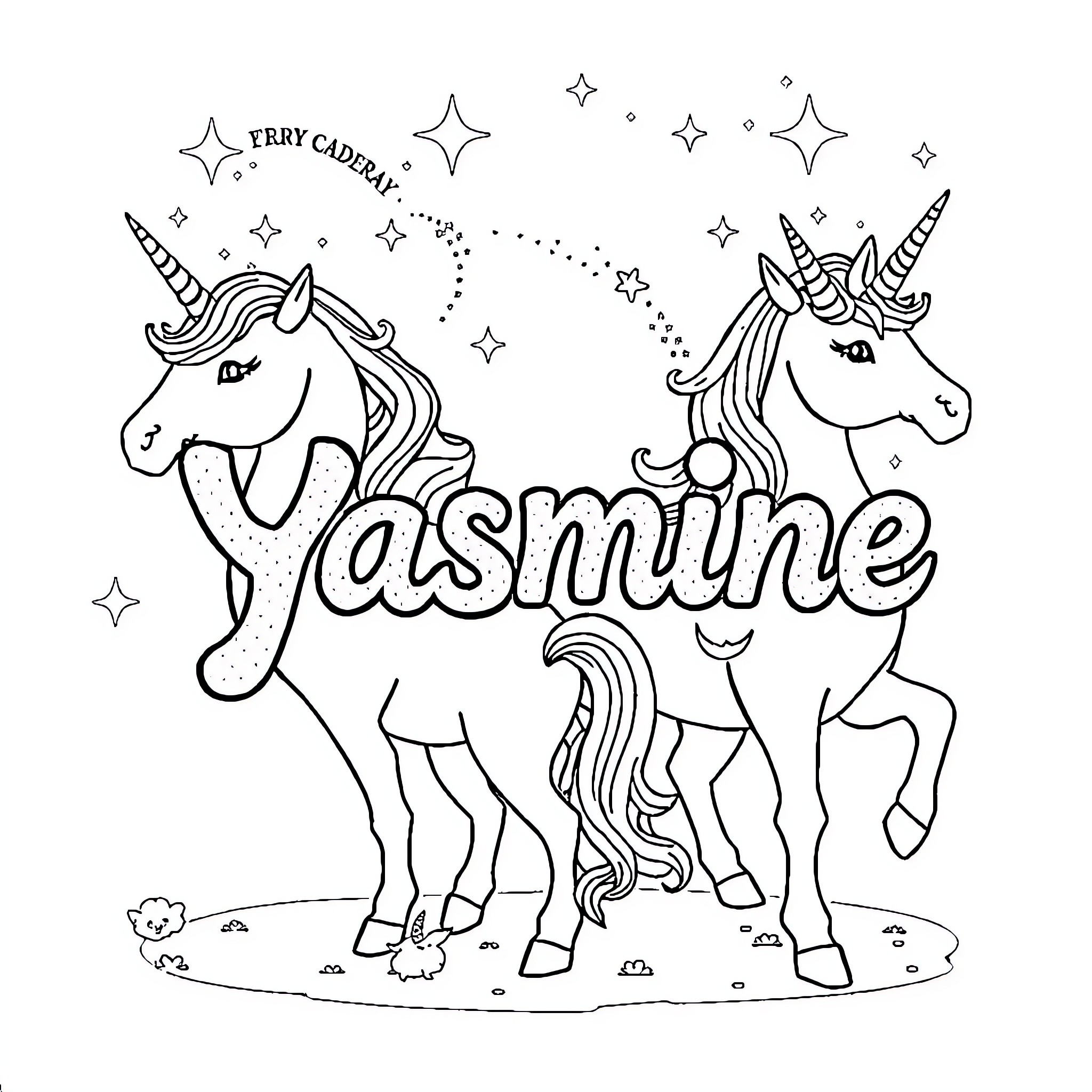 Unicorn named Yasmine playing in a magical field Coloring Page (free black-and-white line drawing printable PDF for all, from beginners to advanced learners, including children, teens, adults, and seniors)