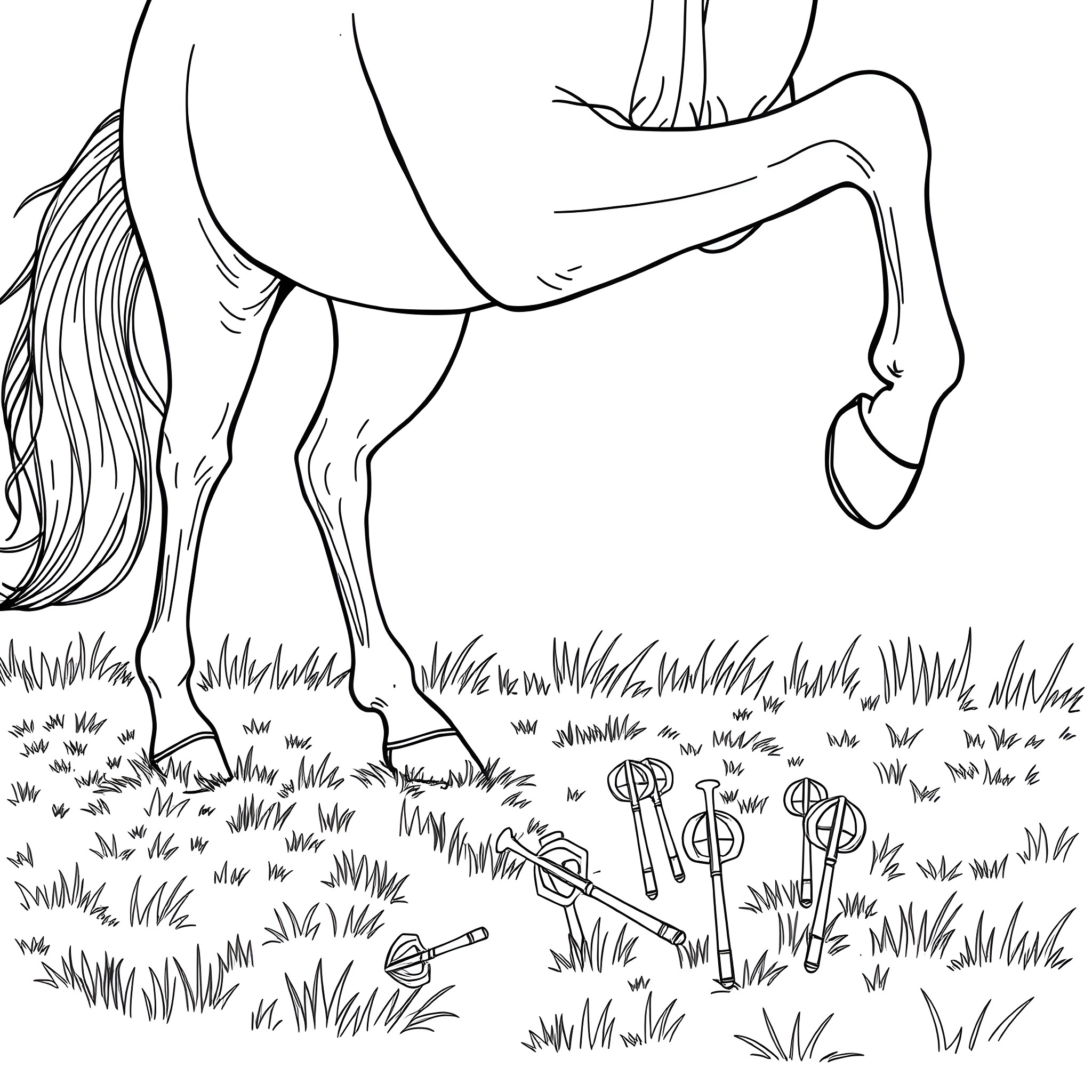 Horse Grazing in a Grassy Field Coloring Page (free black-and-white line drawing printable PDF for all, from beginners to advanced learners, including children, teens, adults, and seniors)